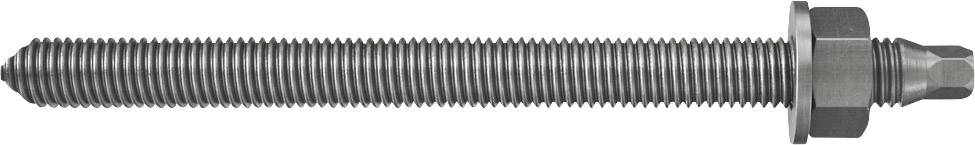 Abgebildet ist eine lange Metallschraube mit Sechskantmutter, geeignet für Anwendungen, die robuste Befestigung erfordern.