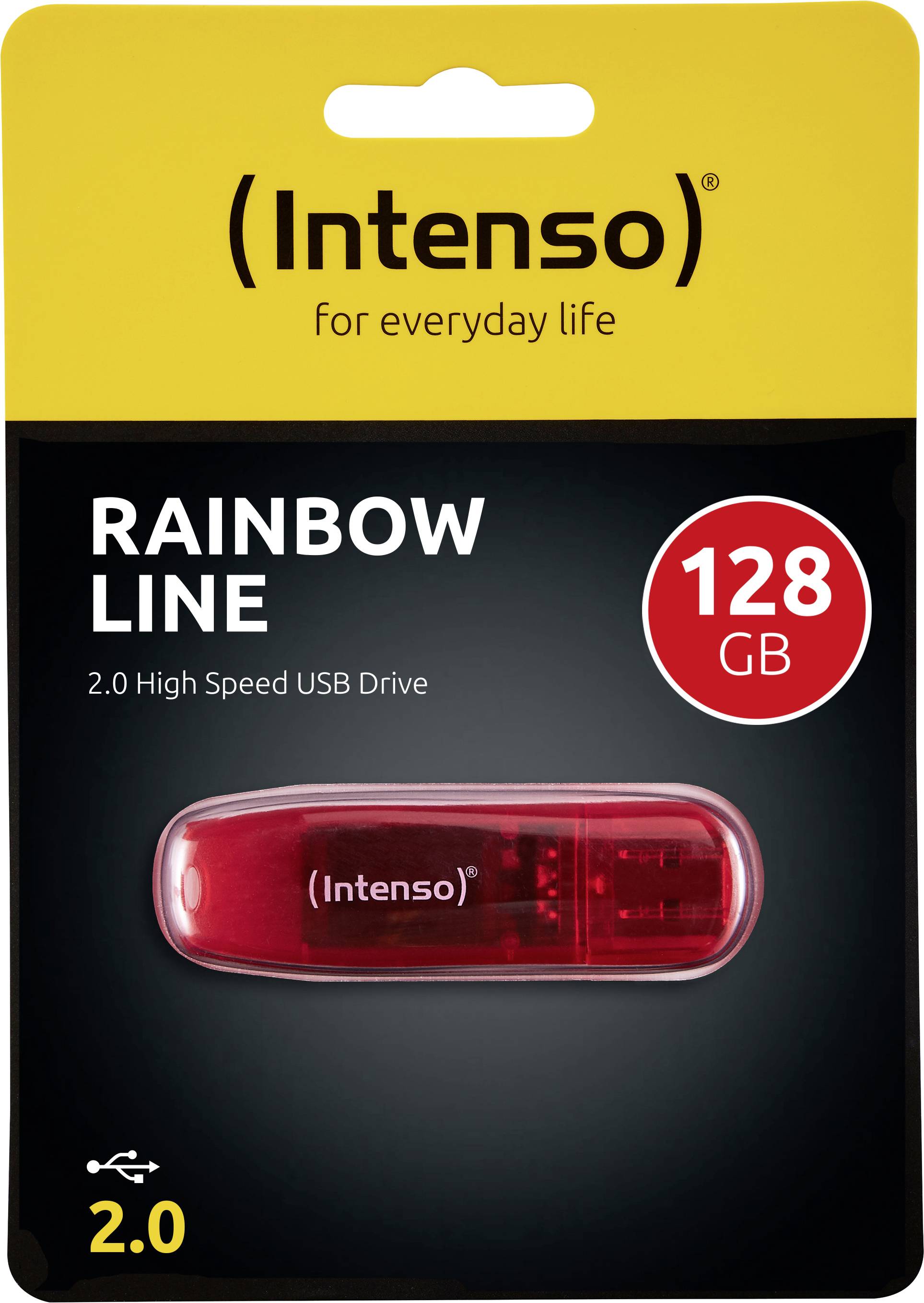 'Intenso Rainbow Line 2.0 High Speed USB Drive, 128 GB.' Rote Farbe. Verpackung zeigt Produktdetails und Kapazität.