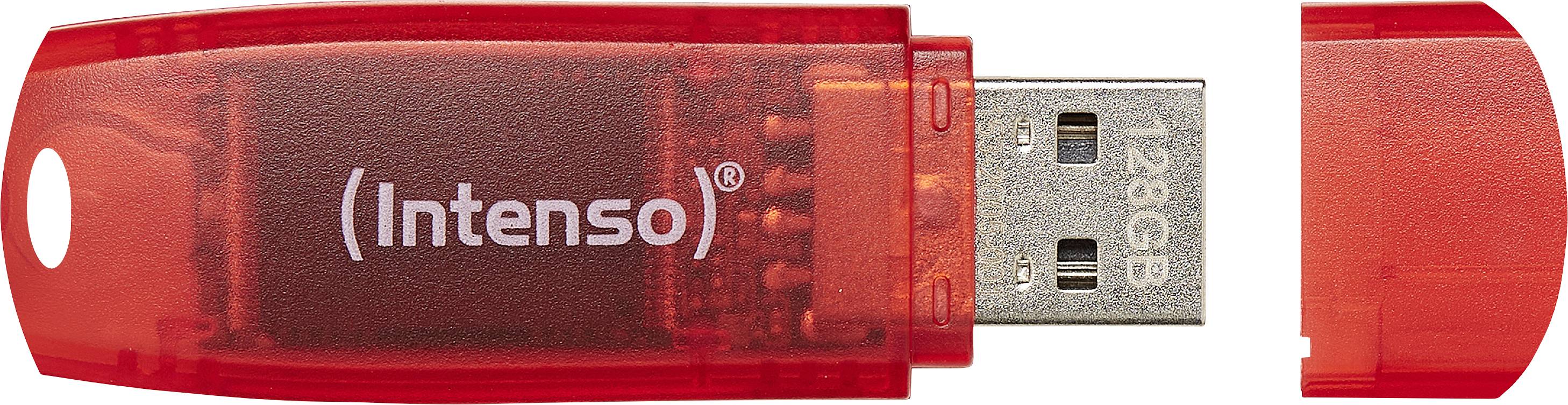 Roter USB-Stick mit transparentem Gehäuse, auf dem 'Intenso' steht. Steckerkappe ist abgenommen. 28GB Speicherplatz.