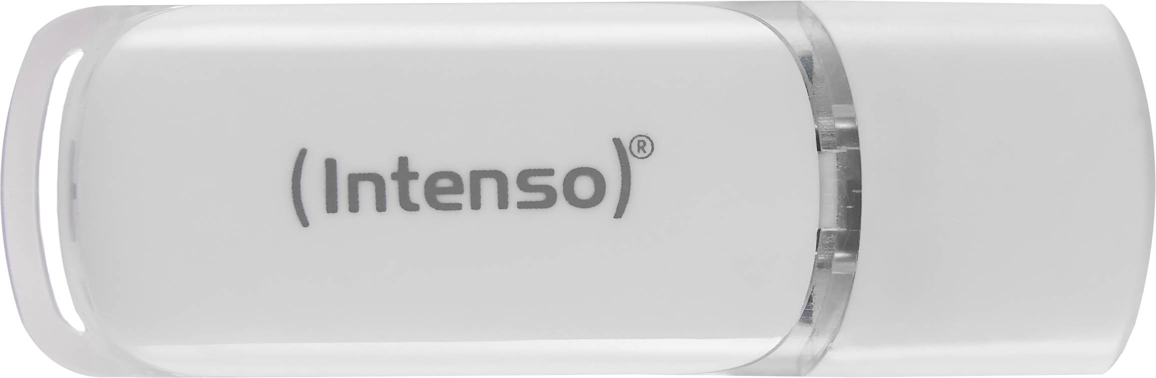 Ein weißer USB-Stick der Marke 'Intenso'.