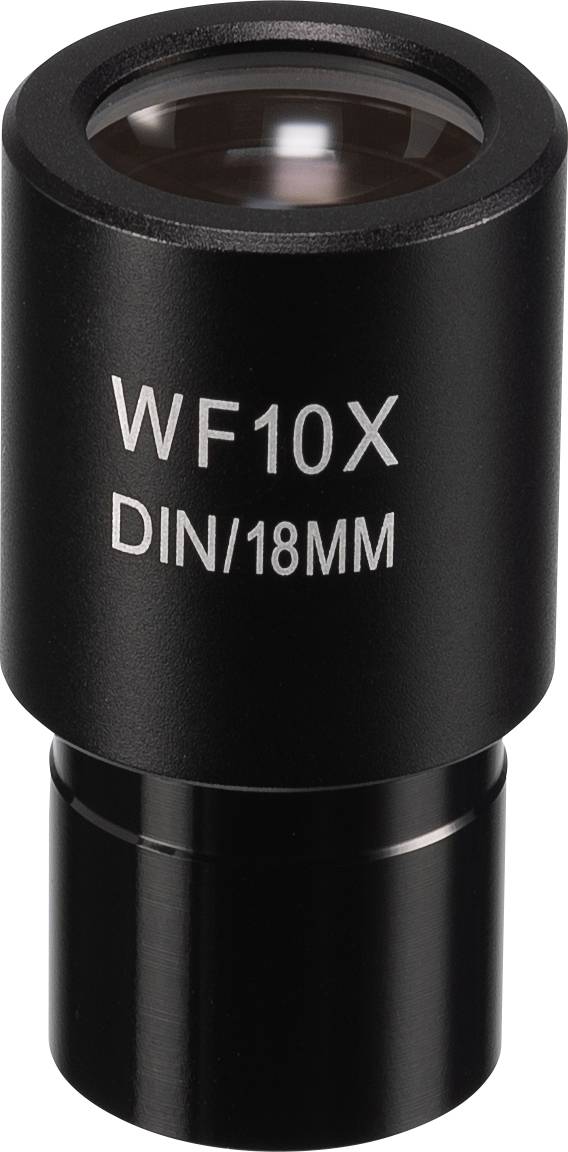 Schwarzes Okular mit der Aufschrift 'WF10X DIN/18MM', das für Mikroskope verwendet wird.