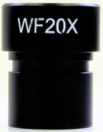 Mikroskopokular mit Aufschrift 'WF20X', schwarzes Gehäuse, dient zur Vergrößerung in Mikroskopen.