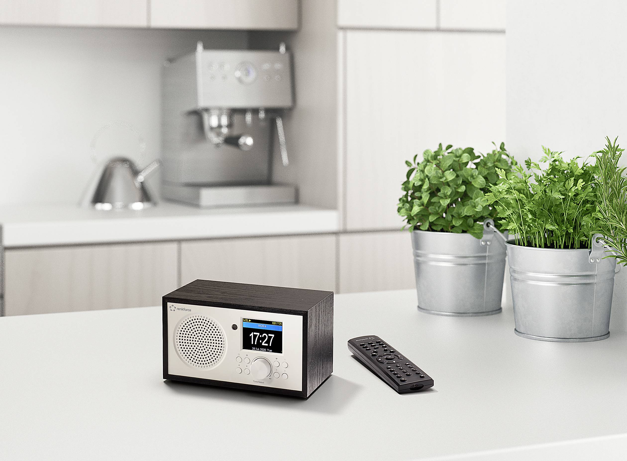 Renkforce RF-IR-MONOV2 Internet Tischradio Internet WLAN, Internetradio Akku-Ladefunktion, DLNA-fähig, Inkl. Fernbedienung Weiß-Schwarz