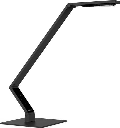 Eine moderne, schwarze Schreibtischlampe mit verstellbarem Arm und digitalem Bedienelement auf der Basis, geeignet für Büros.