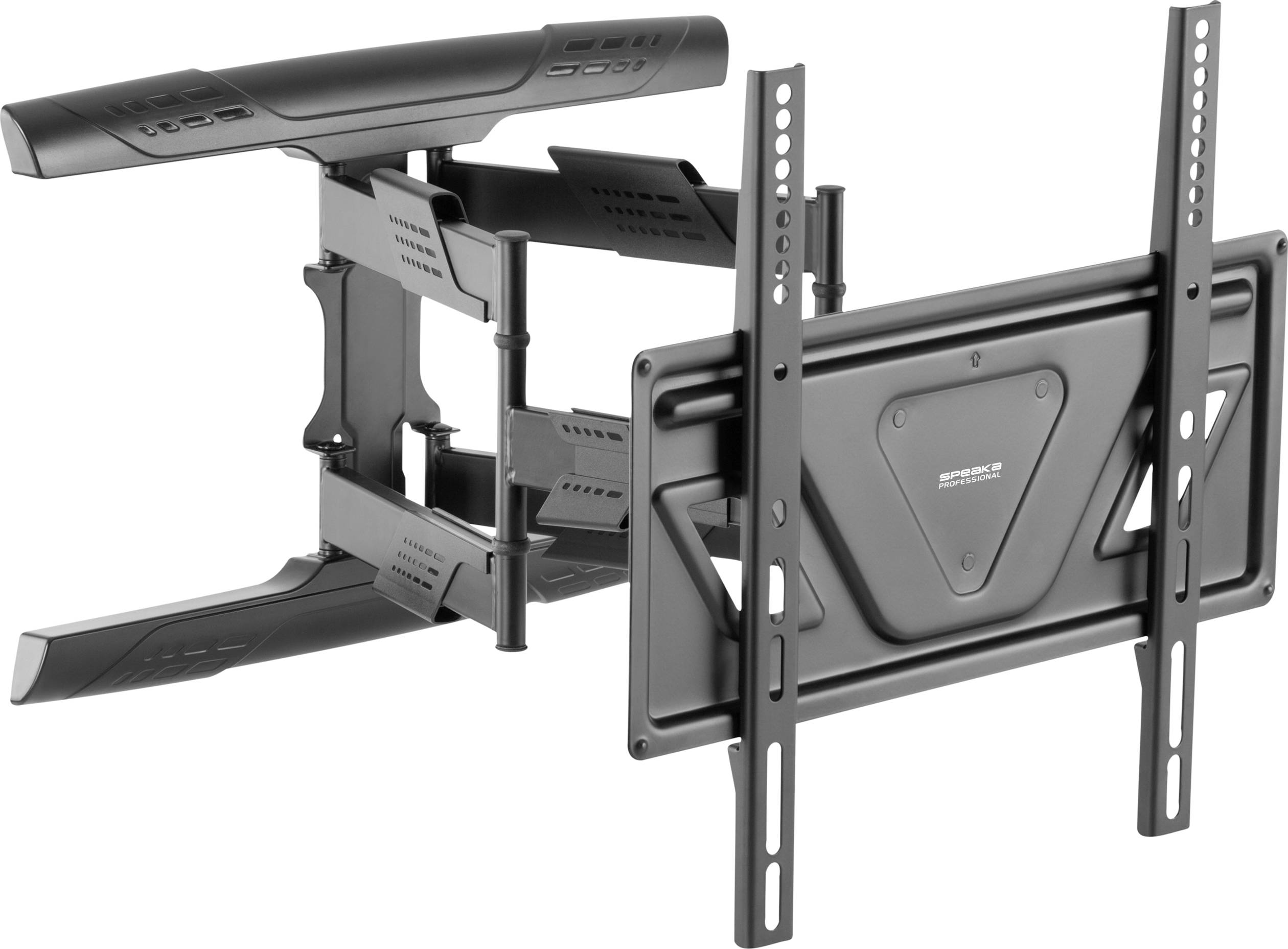 Wandhalterung für Fernseher, schwarz, in verstellbarer Schwenkarm-Konstruktion dargestellt. Ideal für flexible TV-Positionierung.