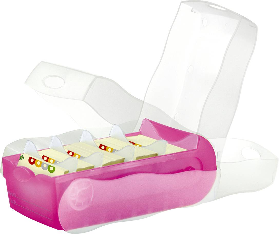 Ein rosa Plastikbehälter mit mehreren weißen, rechteckigen Stücken mit kleinen bunten Symbolen darauf; der Deckel ist geöffnet.