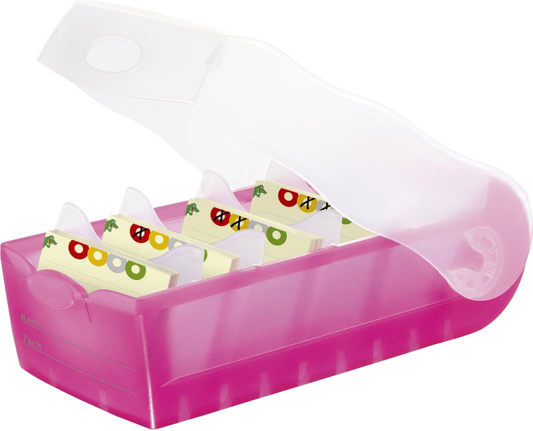 Ein offener, rosa Organizer mit mehreren Fächern, gefüllt mit Registerkarten mit bunten Symbolen. Geeignet zur Organisation von Dokumenten.