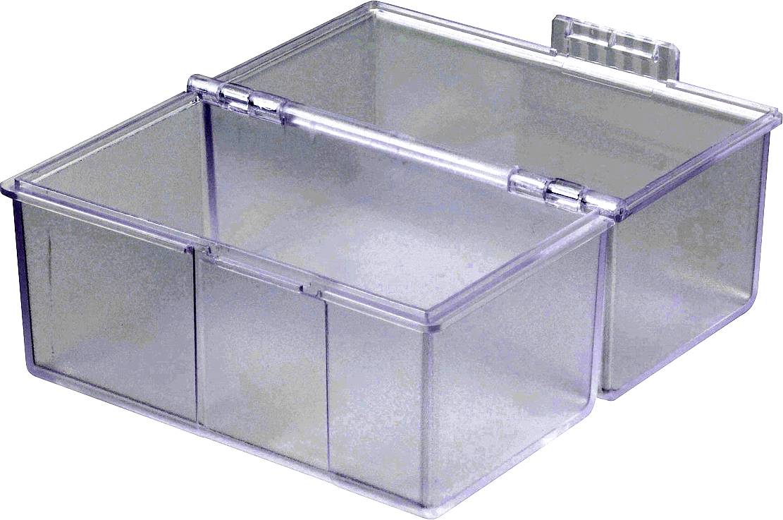 Transparente Kunststoffbox mit zwei Fächern, die durch ein Scharnier verbunden sind. Ideal zur Aufbewahrung kleiner Gegenstände.