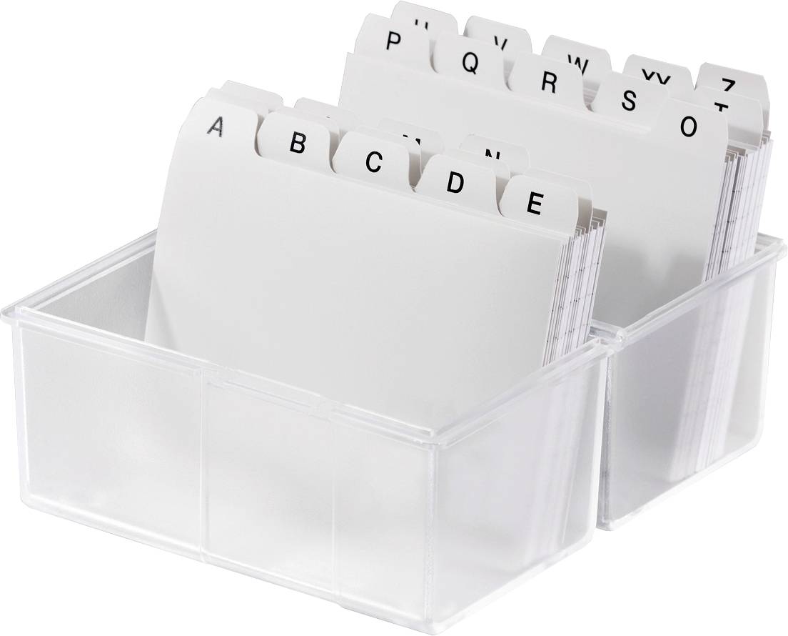 Zwei transparente Kartenboxen, gefüllt mit alphabetisch geordneten Registerkarten von A bis Z.