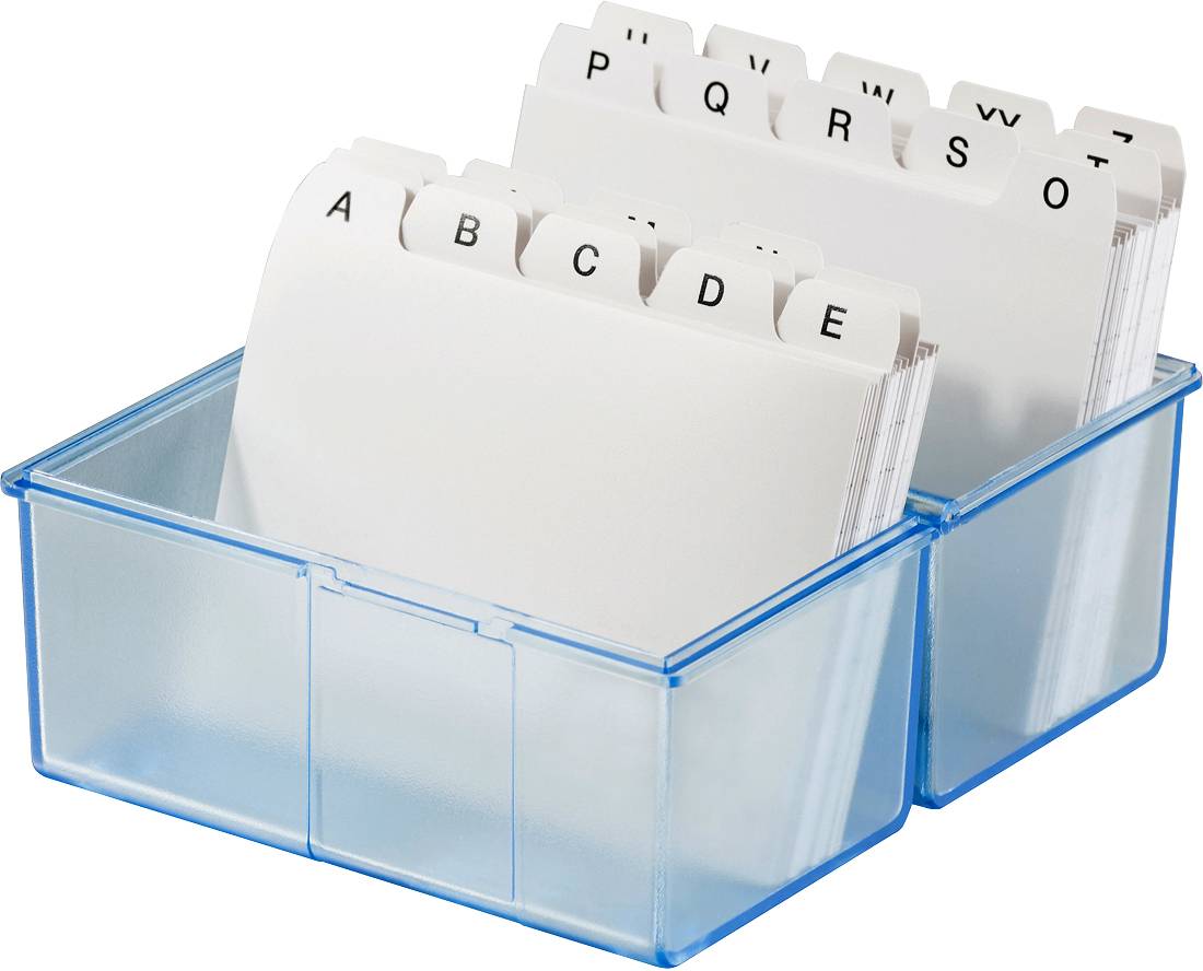 Blauer Kartenhalter mit alphabetisch geordneten Karten. Registerkarten oben zeigen Buchstaben von 'A' bis 'Z'.