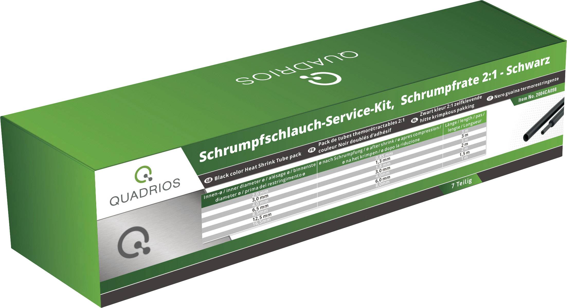'Quadrio Schrumpfschlauch-Service-Kit' Verpackung mit schwarzem Schrumpfschlauch und Größentabelle. Enthält zehn Schrumpfschläuche.