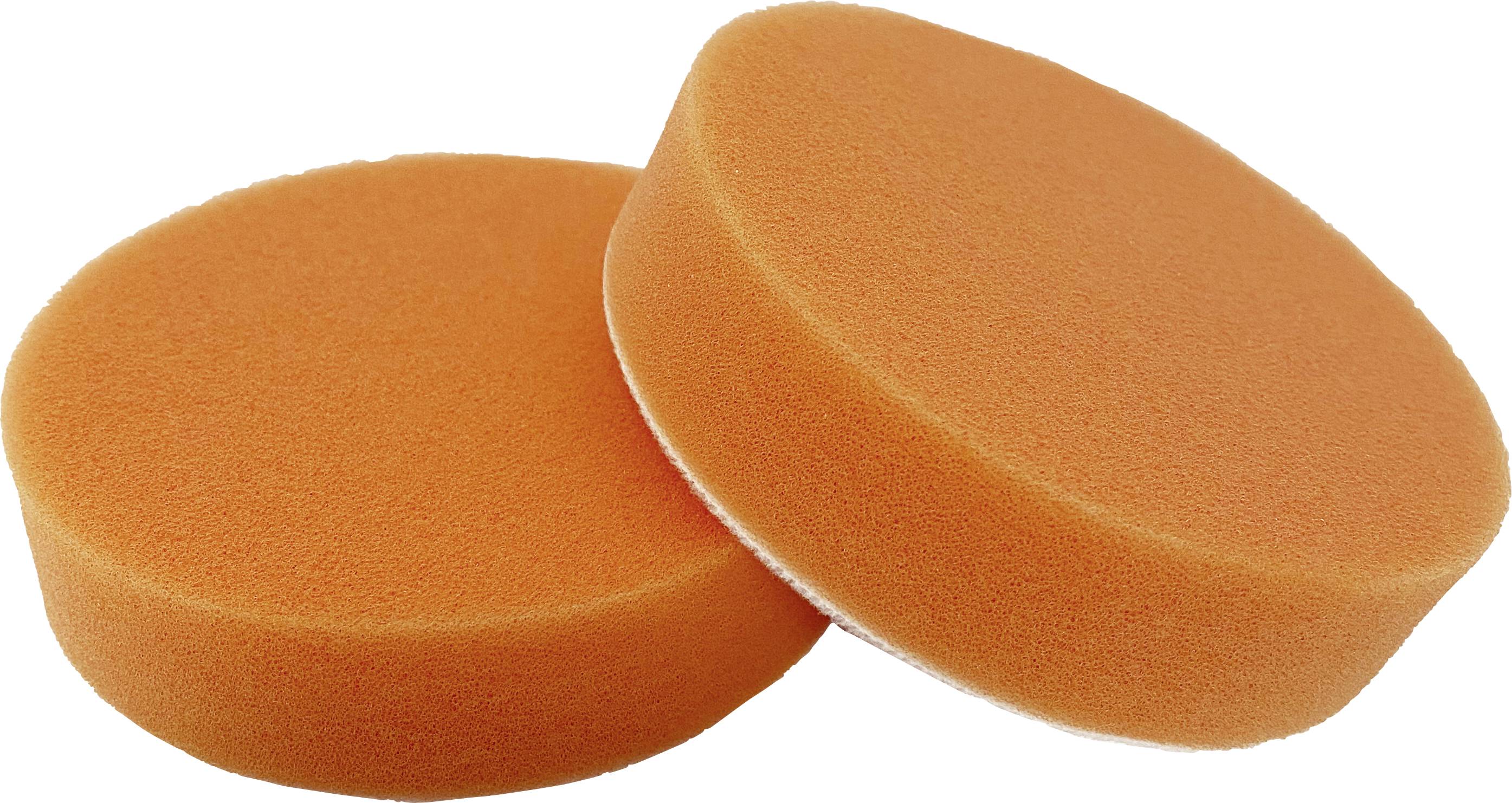 Zwei orange runde Reinigungsschwämme liegen nebeneinander vor einem weißen Hintergrund.