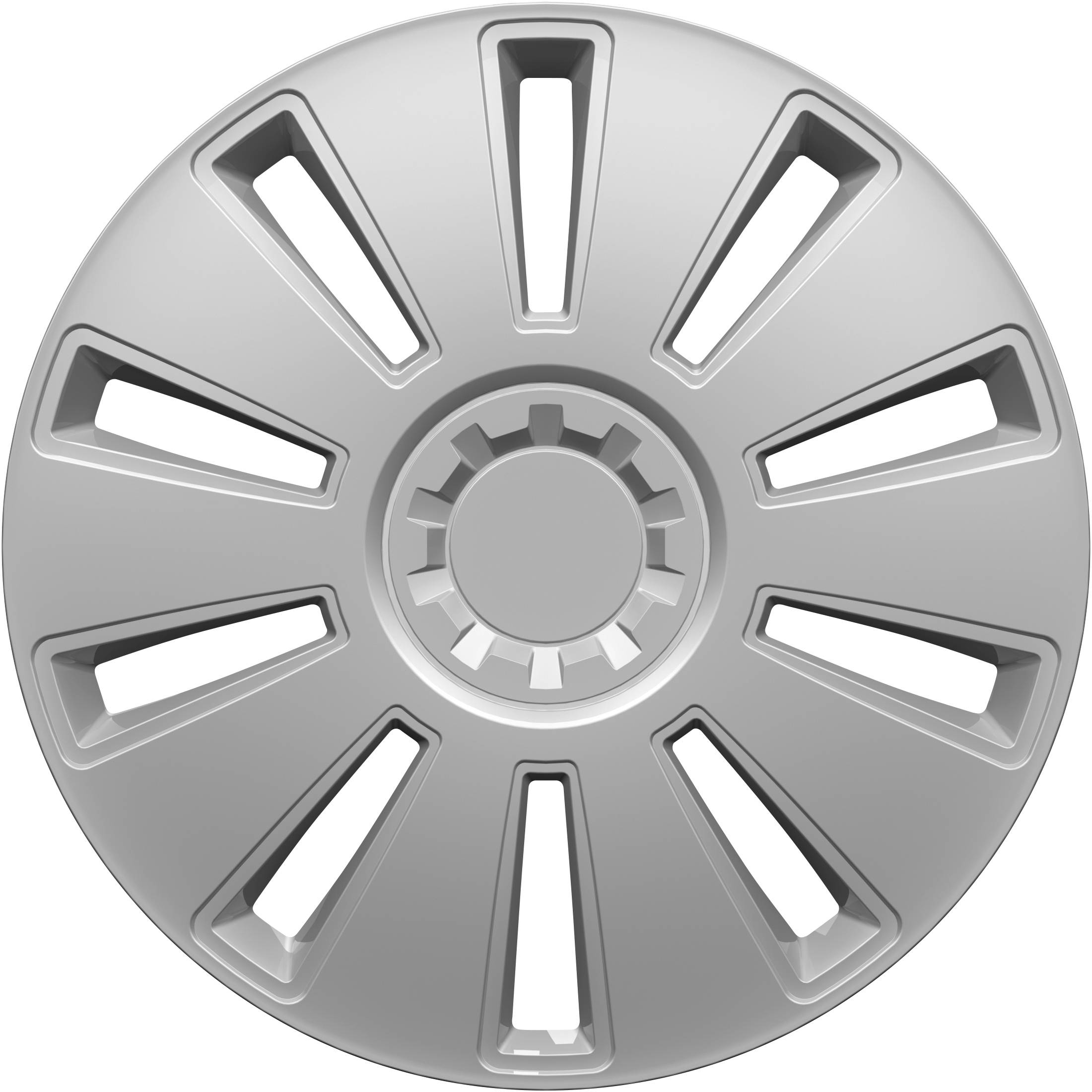 Eine silberne Radkappe mit einem symmetrischen Design, das acht längliche Schlitze zeigt und einen zentralen Nabenbereich hat.