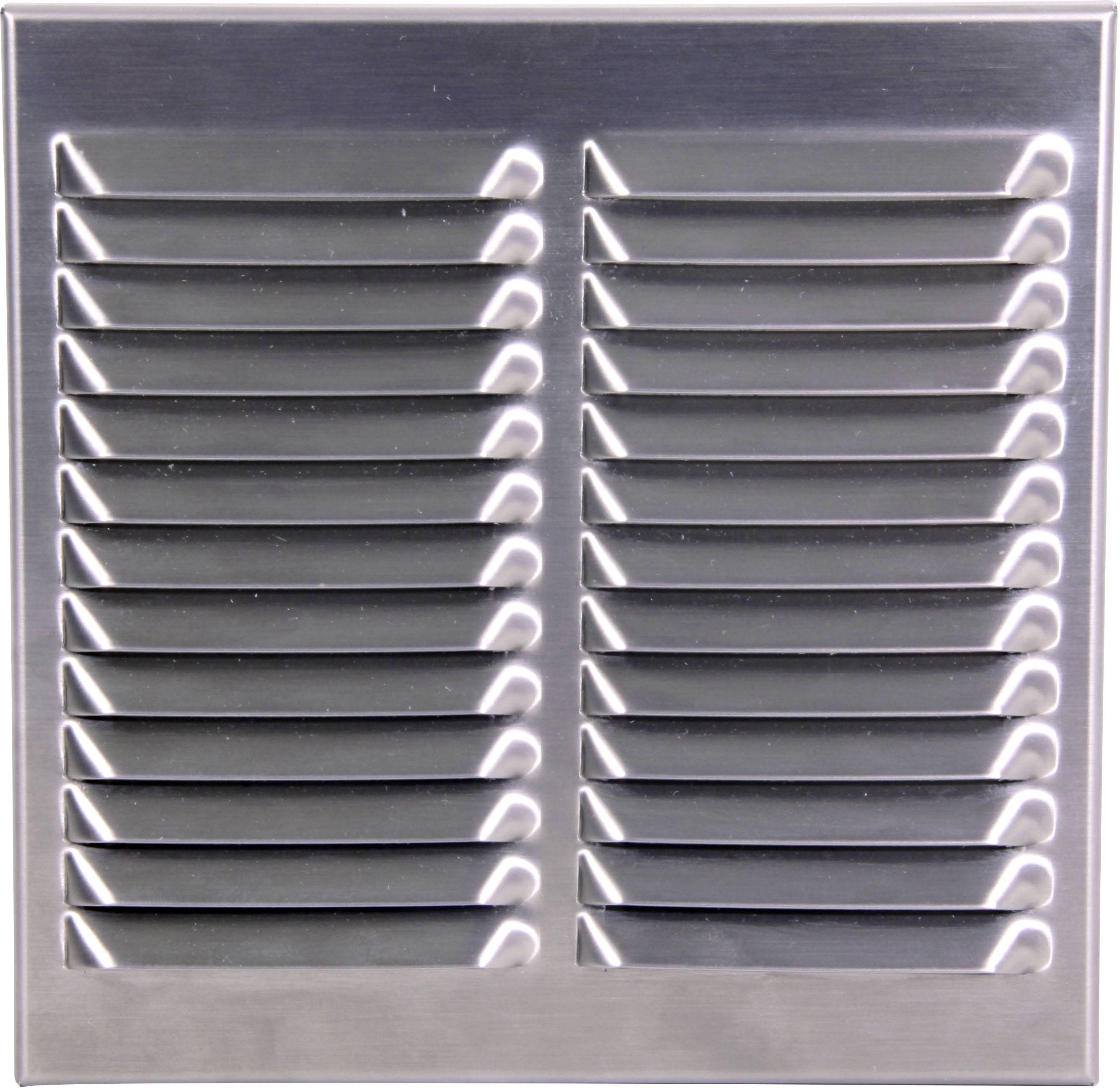 Metalllüftungsgitter mit horizontalen Lamellen, symmetrisch angeordnet, für Belüftungszwecke in verschiedenen Umgebungen.