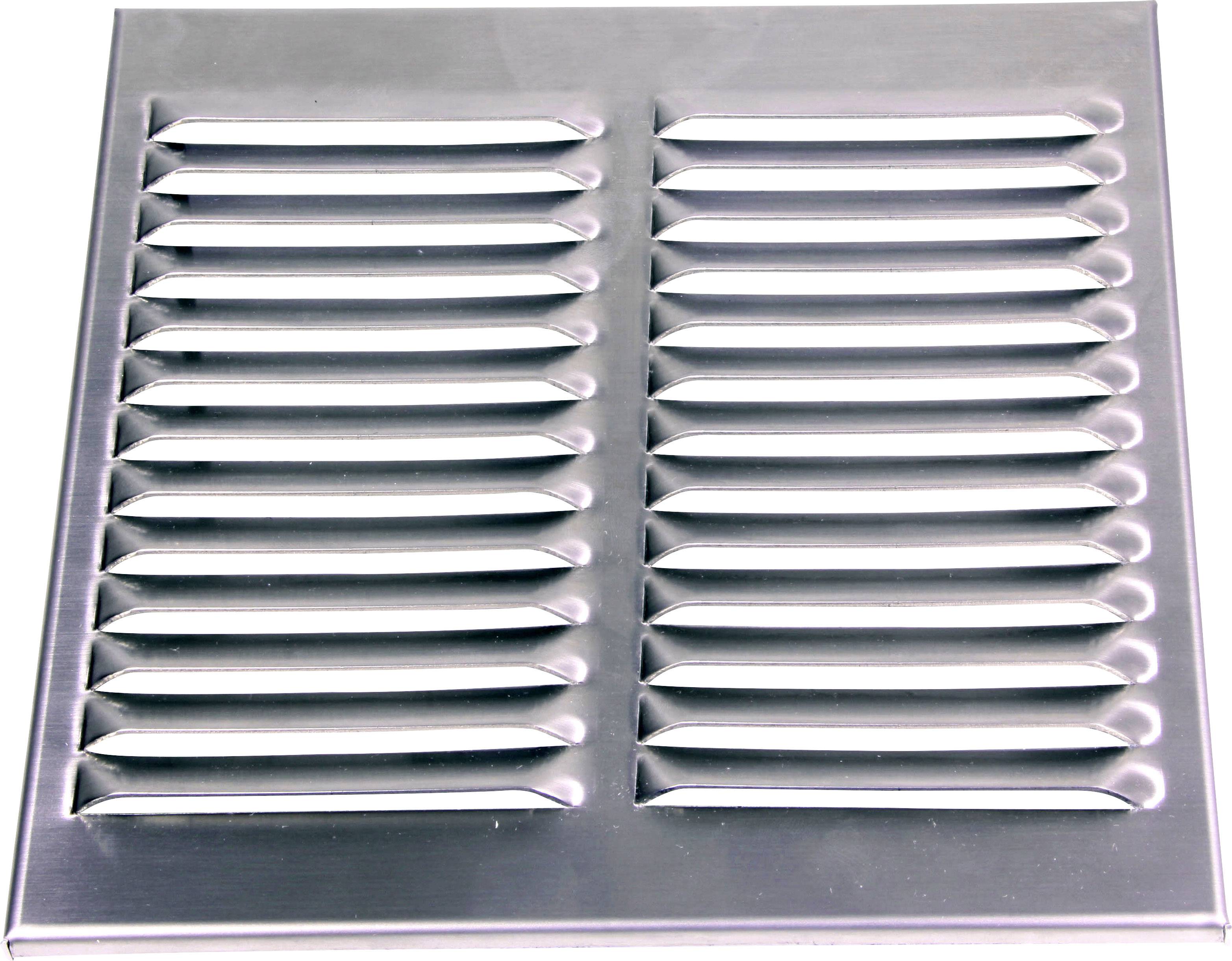 Metalllüftungsgitter mit horizontalen Lamellen, rechteckige Form, verwendet für Belüftung in Türen oder Wänden.