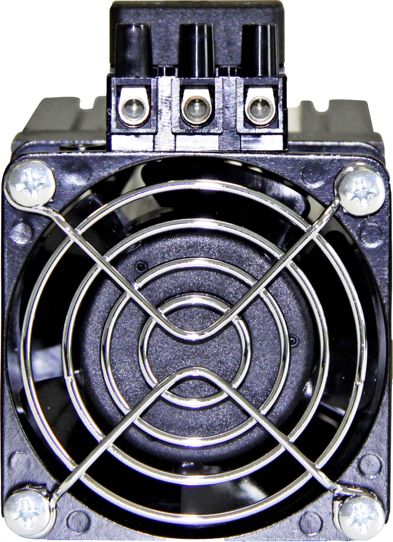 Ein schwarzer Computerlüfter mit Schutzgitter und drei elektrischen Anschlüssen, frontal abgebildet.