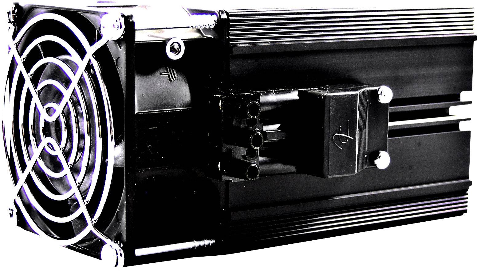 Schwarzer ASIC-Miner mit Kühlgebläse und mehreren Anschlussports, verwendet zum Krypto-Mining, in seitlicher Perspektive.