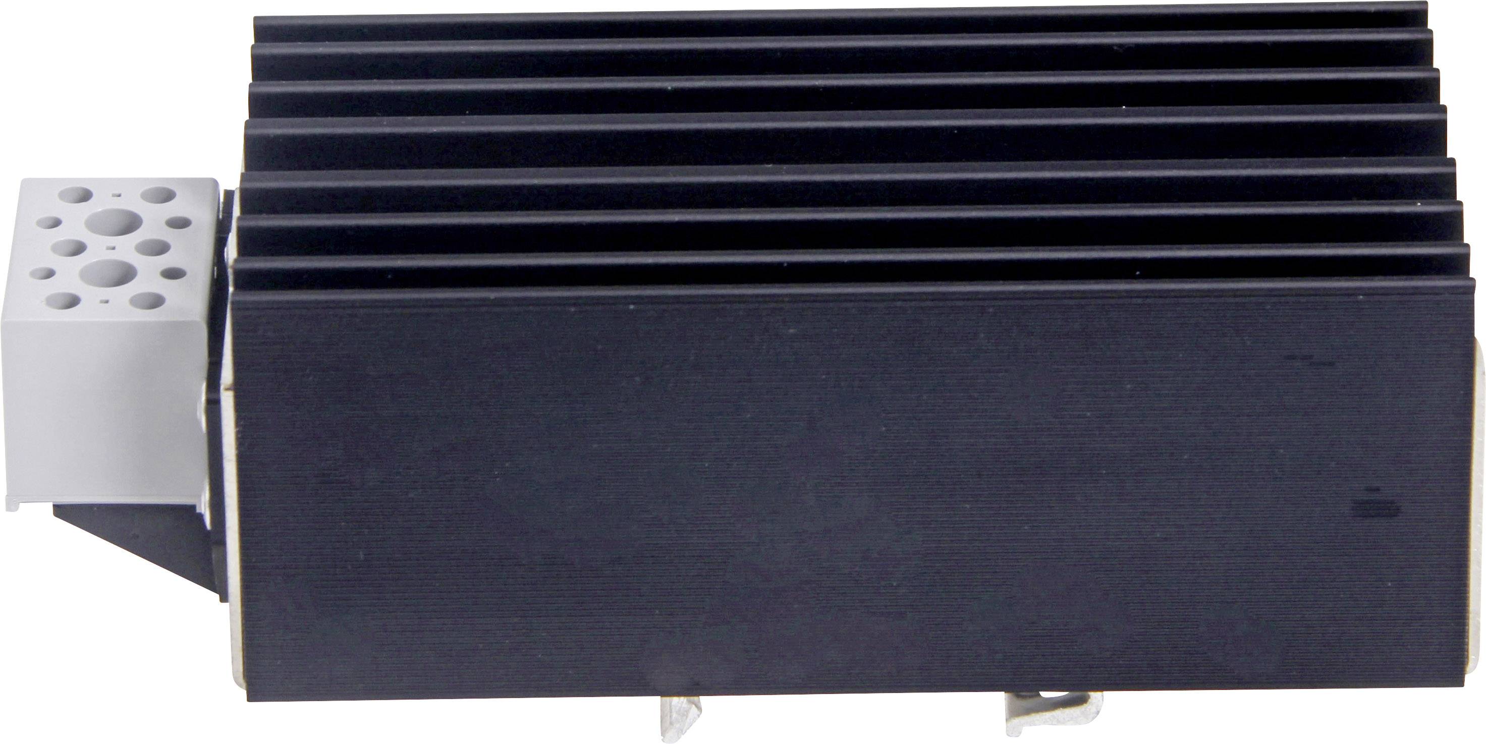 Ein schwarzer Kühlkörper mit einem Metallkörper und Lamellen, seitlich angeschlossener grauer Adapter oder Klemmenblock.