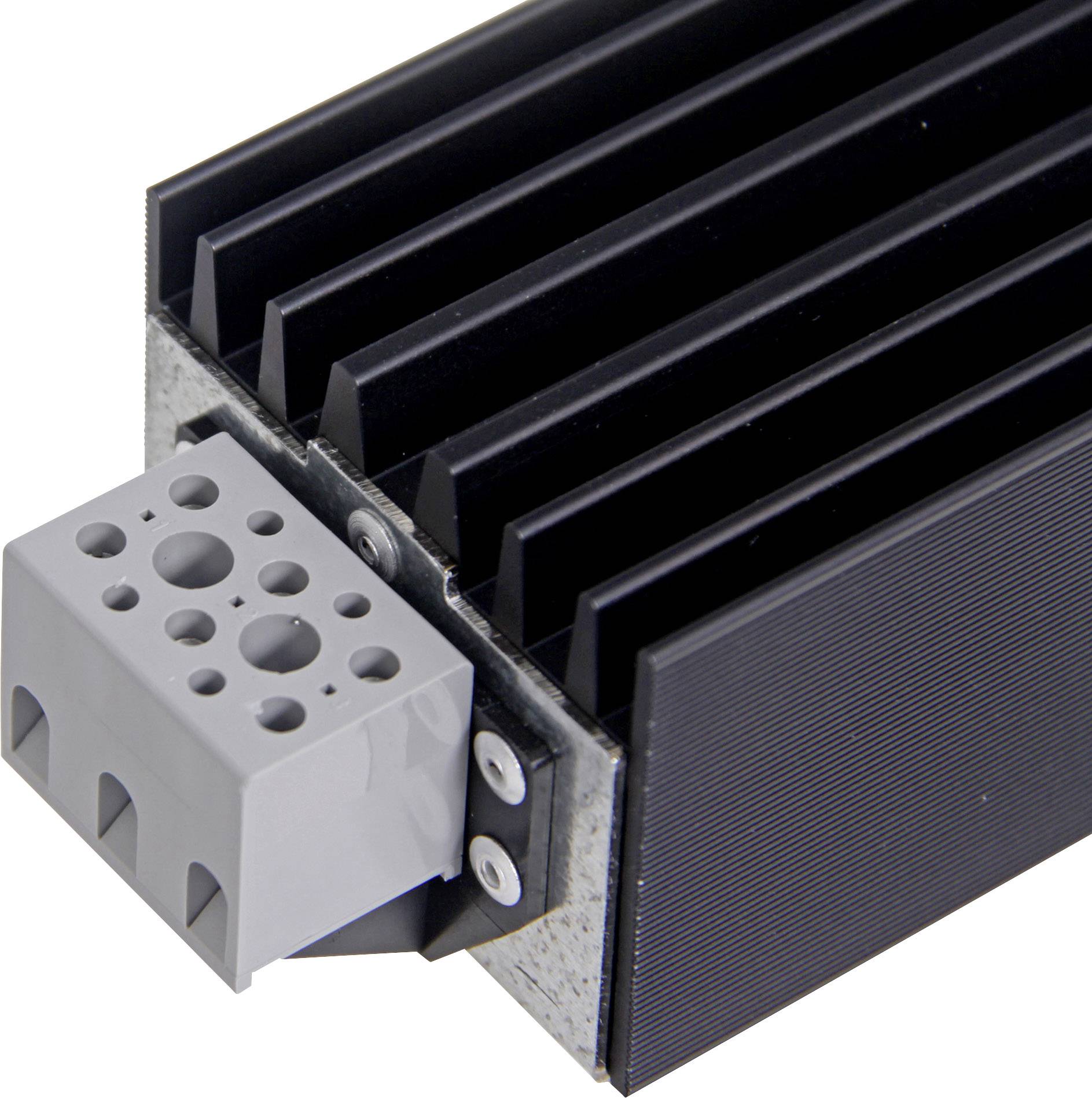 'Schwarzer Kühlkörper mit grauem Anschlussblock', zeigt ein elektrisches Bauteil mit Rippen zur Wärmeableitung.