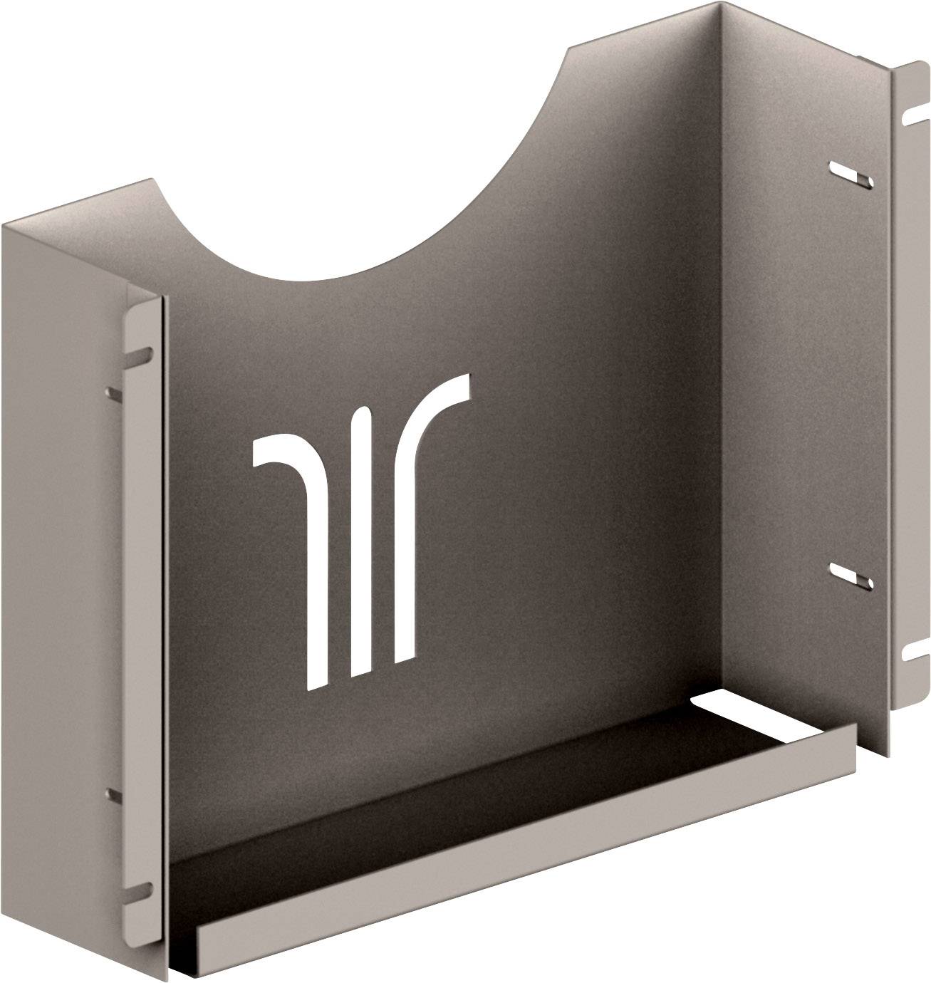 Ein grauer, metallener Wandhalter mit geschwungenem Ausschnitt und stilisiertem Logo in der Mitte.