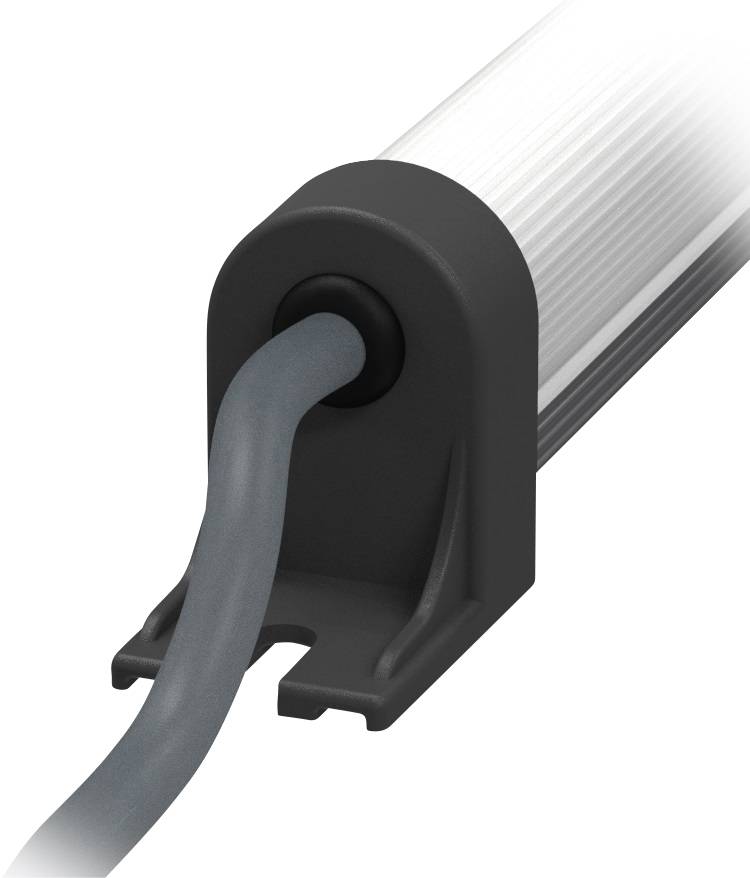 Fluoreszierende Leuchte mit einem grauen Kabel, das durch eine schwarze Halterung führt.