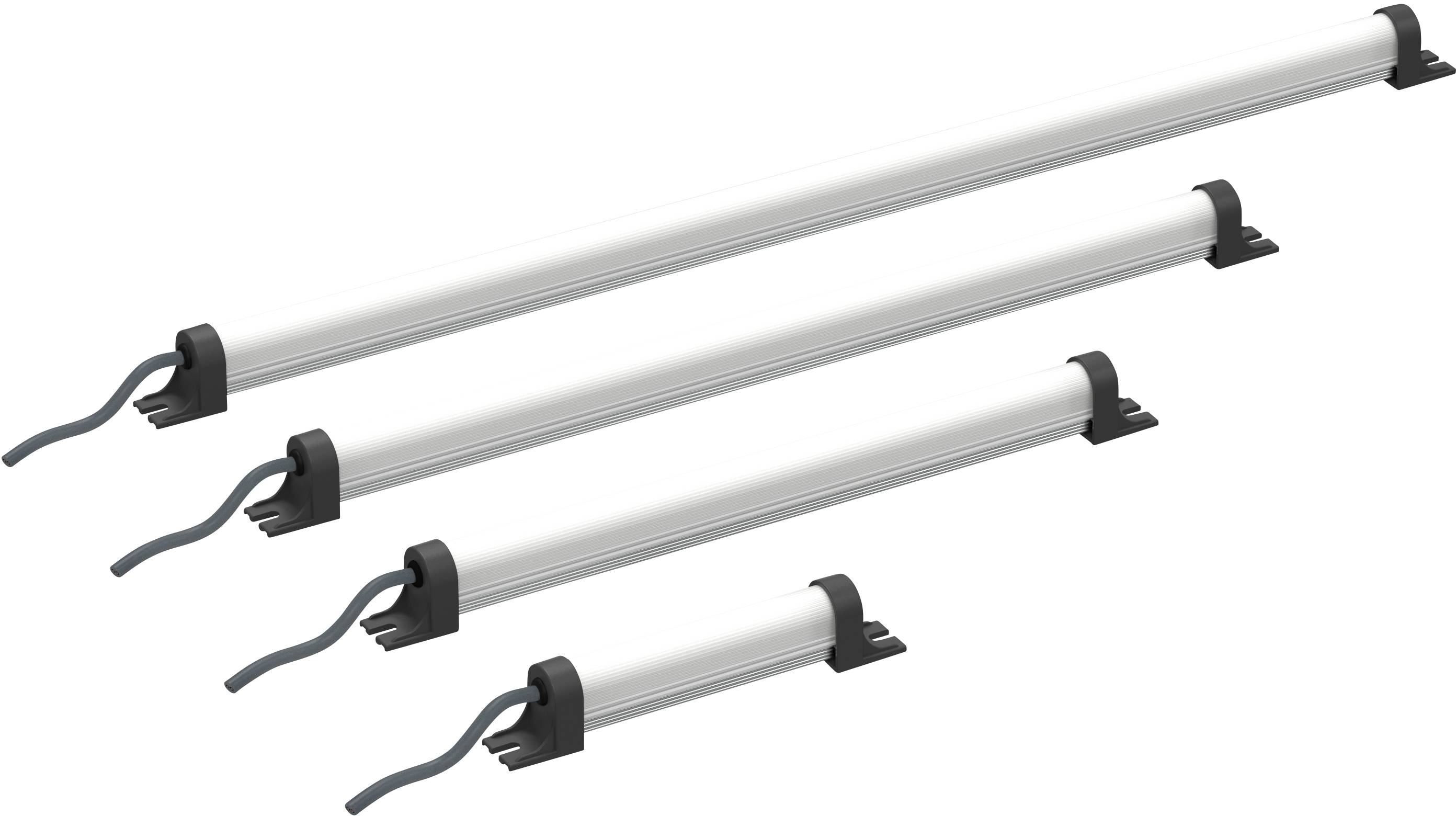 Vier LED-Streifenleuchten in verschiedenen Längen sind waagerecht angeordnet. Jede Leuchte hat schwarze Endkappen und graue Kabel.