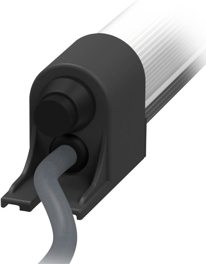 Nahaufnahme eines schwarzen Kunststoffgehäuses mit zwei Knöpfen und einem grauen Kabel, das aus dem Gehäuse herausführt.