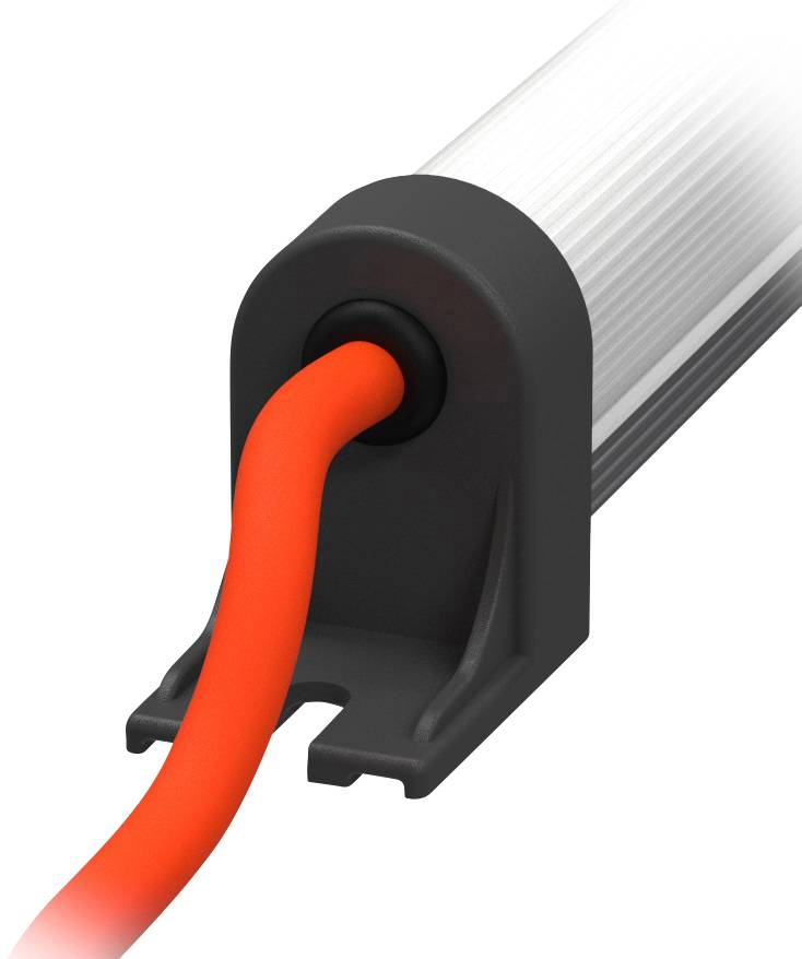 Ein schwarzes Kabelschloss umfasst ein oranges Kabel, das in eine silberne Röhre hineinführt.