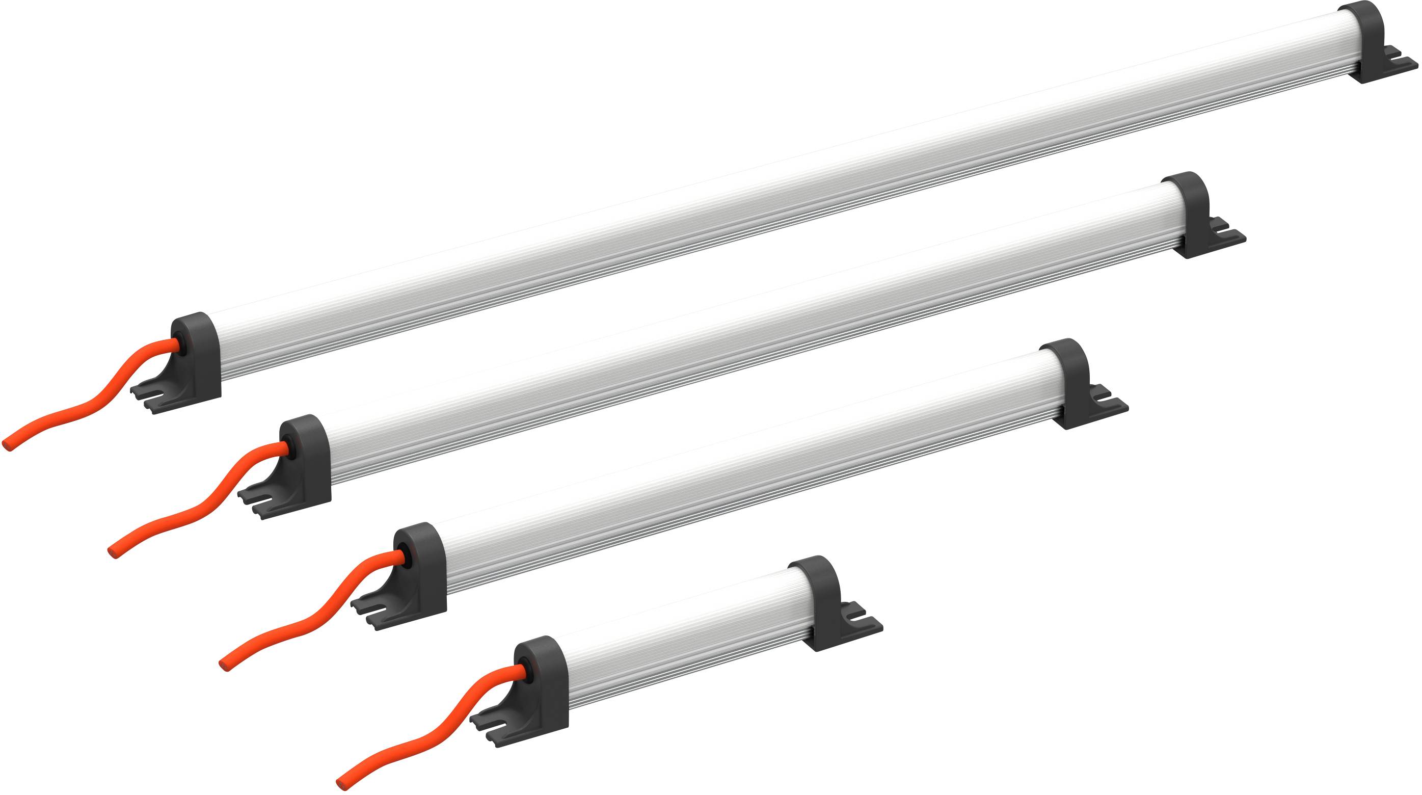 Vier unterschiedlich lange, weiße LED-Leuchten mit roten Kabeln, aufgereiht von groß nach klein, seitlich gezeigt.