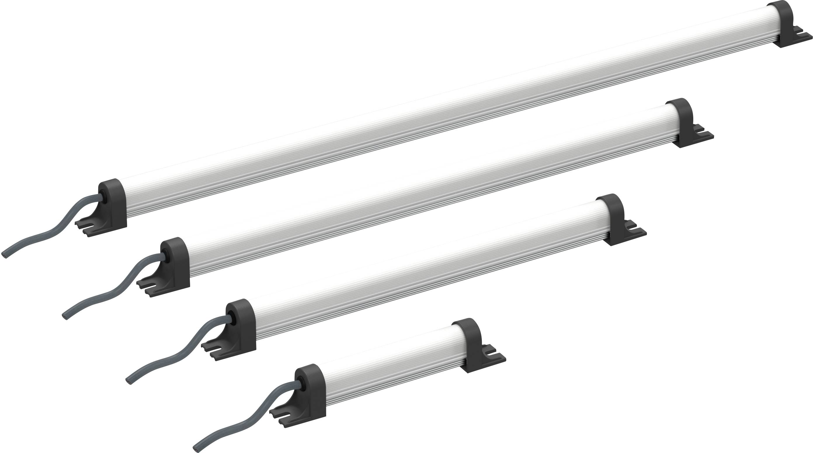 Vier LED-Leuchten in unterschiedlichen Längen mit schwarzen Halterungen und Kabeln.