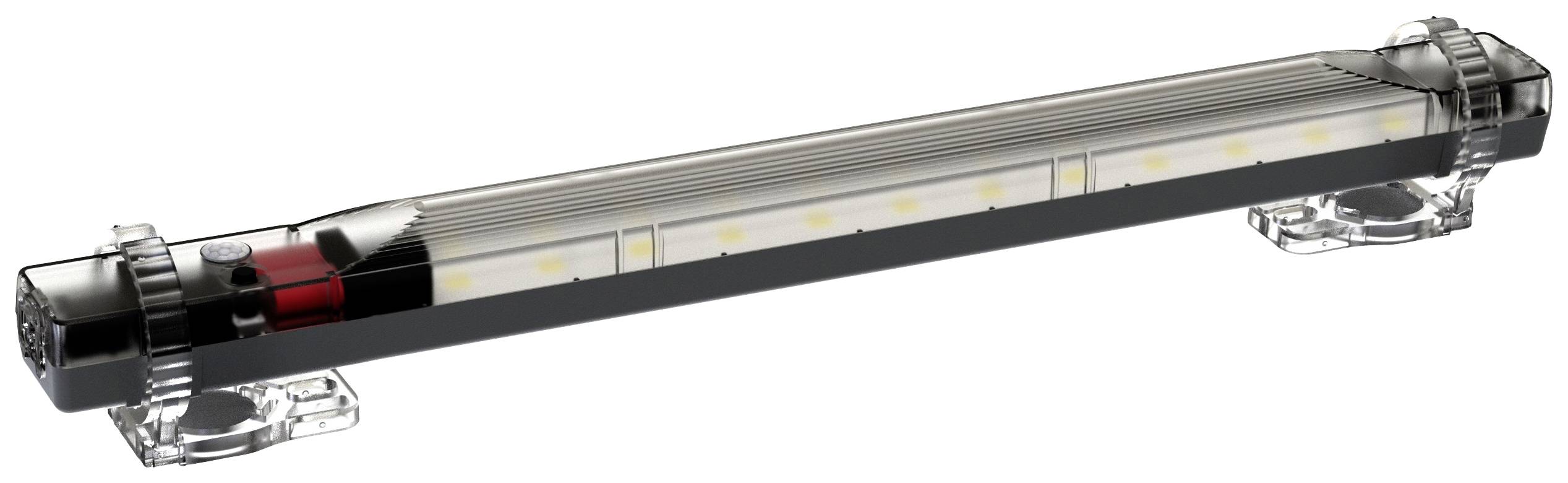 Eine längliche LED-Lampe mit transparenter Abdeckung und Befestigungsklammern an beiden Enden. Sie zeigt leuchtende LED-Leuchten im Inneren.