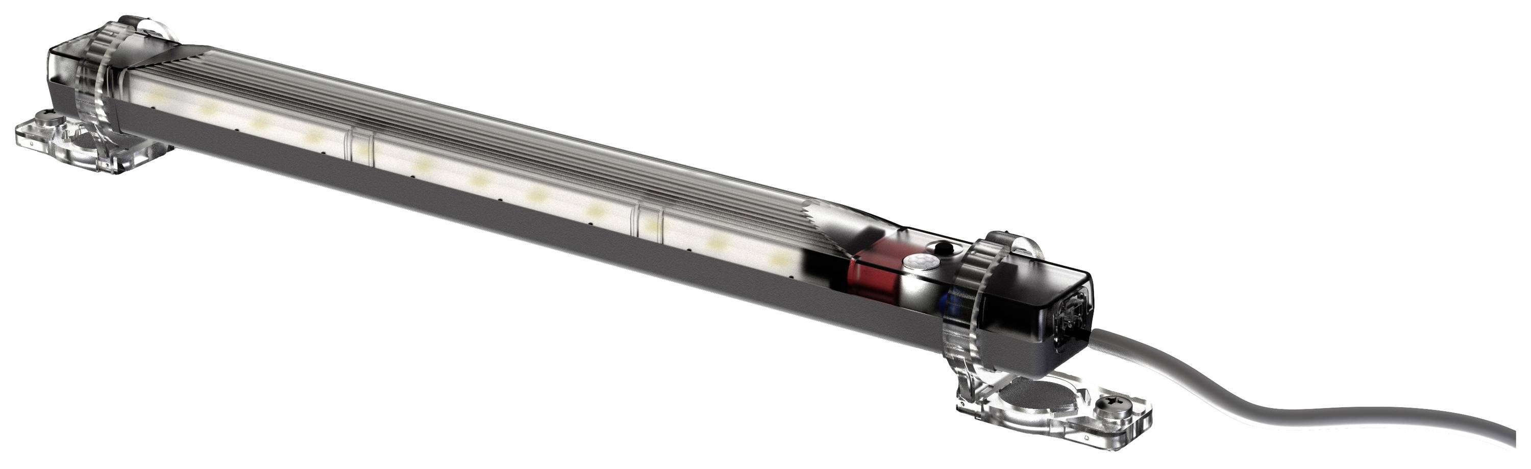 Eine längliche LED-Leuchte mit transparentem Gehäuse, Montagehalterungen an beiden Enden und einem Stromkabel.