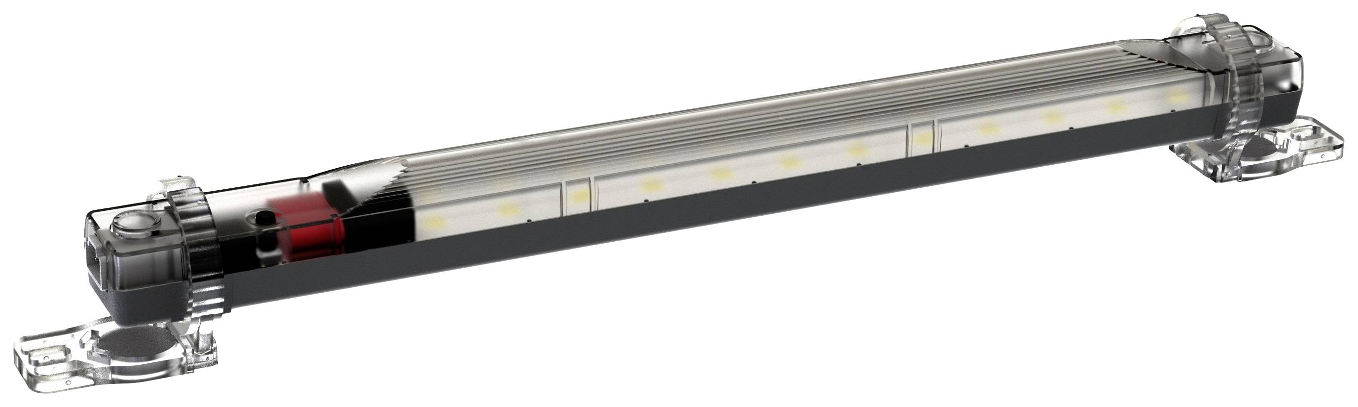 Schlanke LED-Leuchte mit transparentem Gehäuse und montierbaren Endstücken, geeignet für industrielle Anwendungen.
