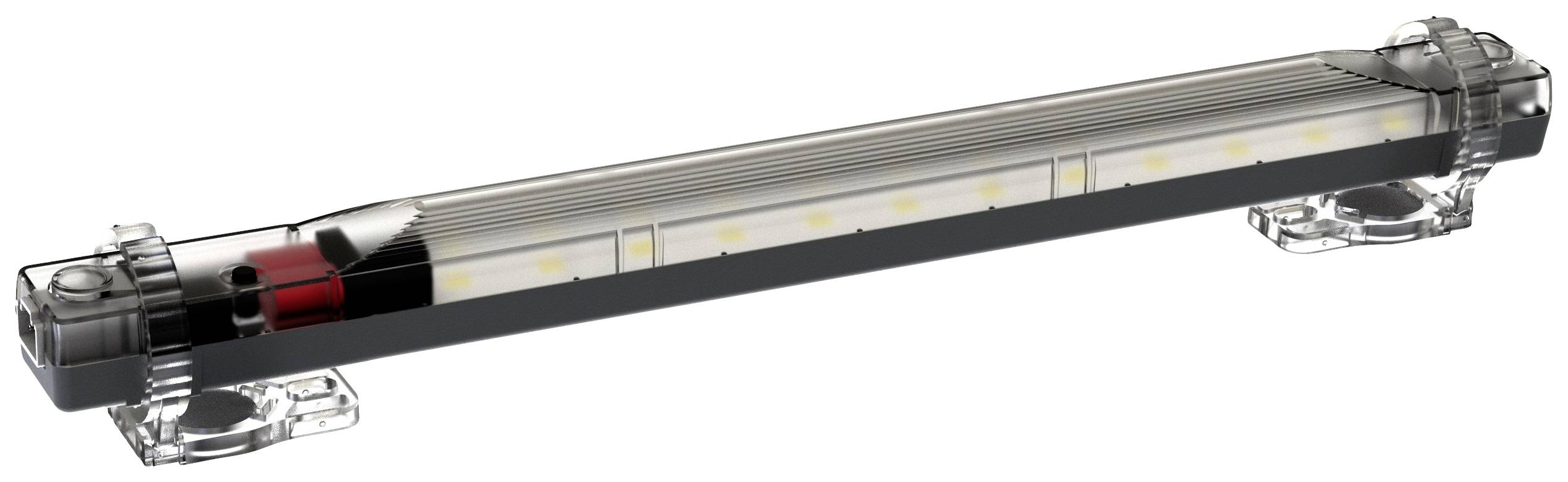 Schlanke, röhrenförmige LED-Leuchte mit transparentem Gehäuse und seitlichen Befestigungselementen auf weißem Hintergrund.