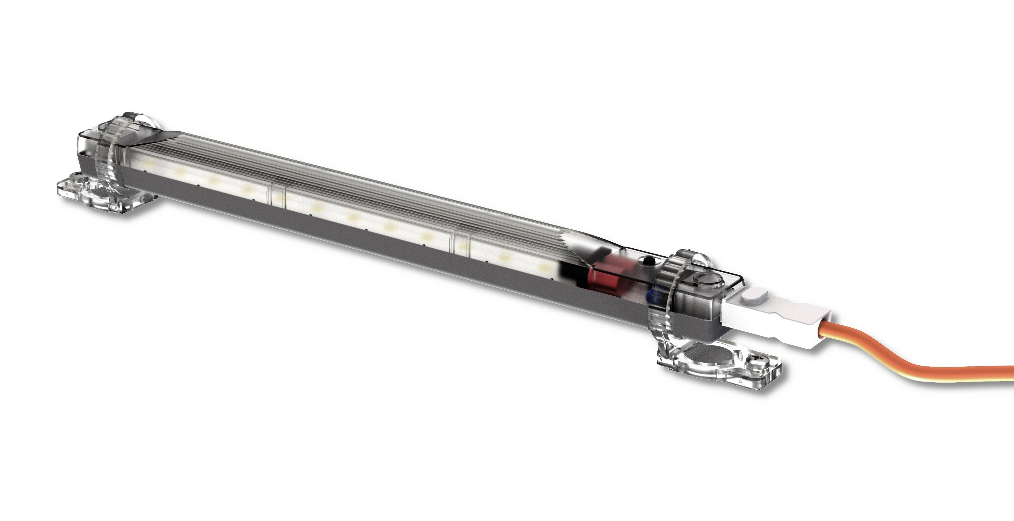 Ein schmaler, transparenter LED-Lichtstreifen mit zwei Befestigungsklammern und einem angeschlossenen orangenen Kabel.