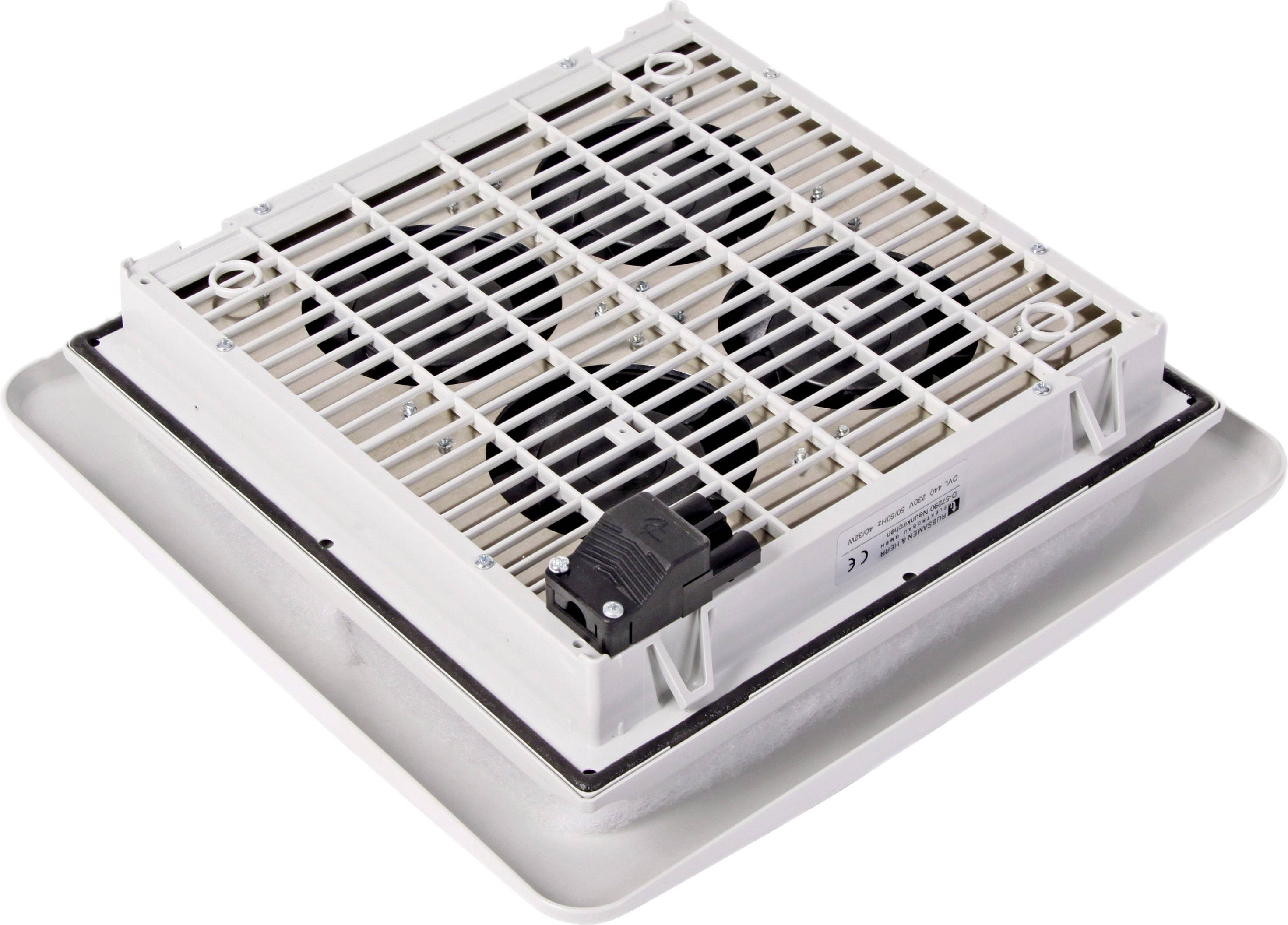 Ein quadratisches, weißes Lüftungsgitter mit einem darunter liegenden Ventilator. Es ist auf einem flachen rechteckigen Rahmen montiert.