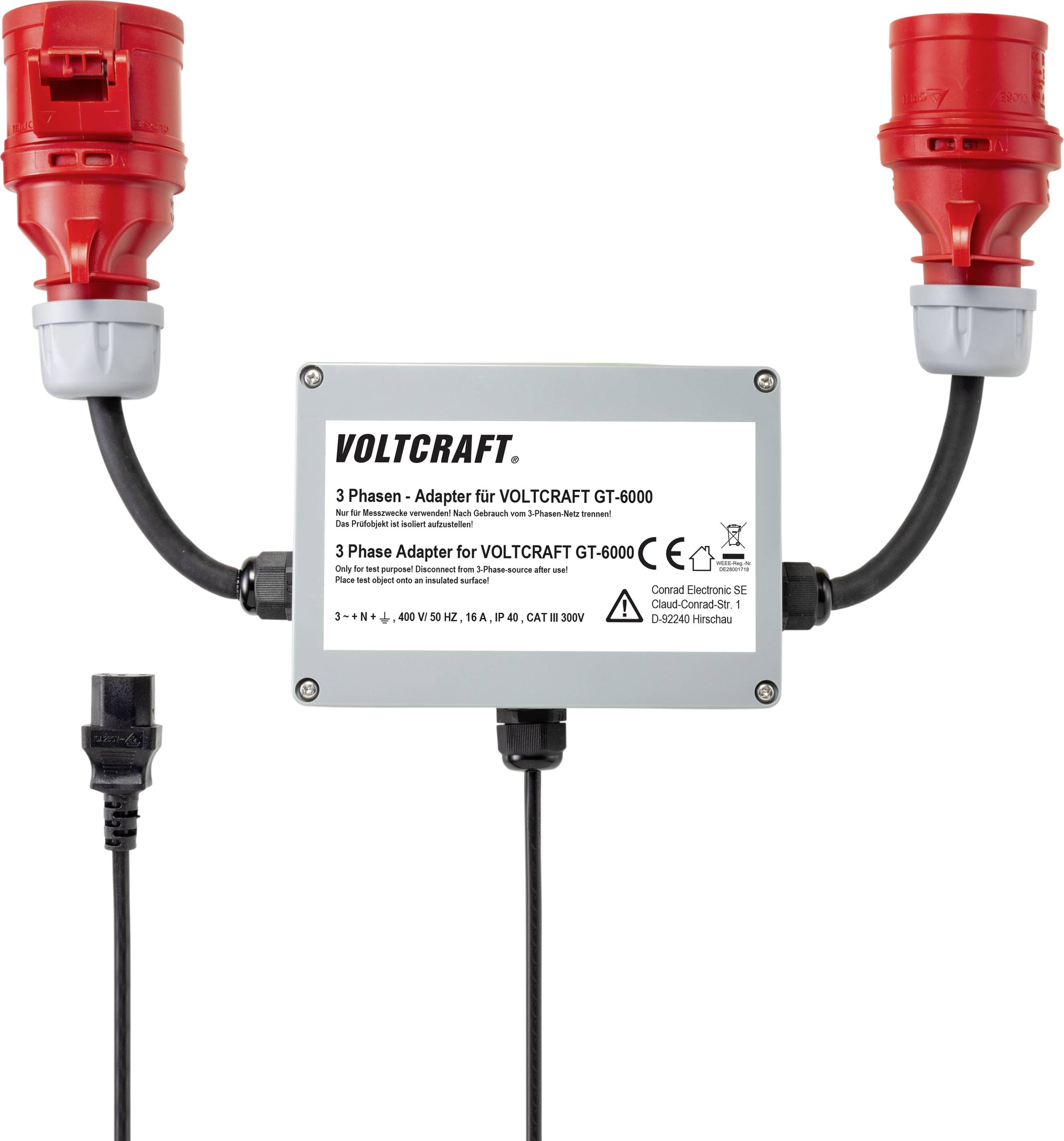 Dreiphasen-Adapter von Voltcraft mit zwei roten CEE-Steckverbindern und schwarzem Netzkabel. Geeignet für GT-6000.