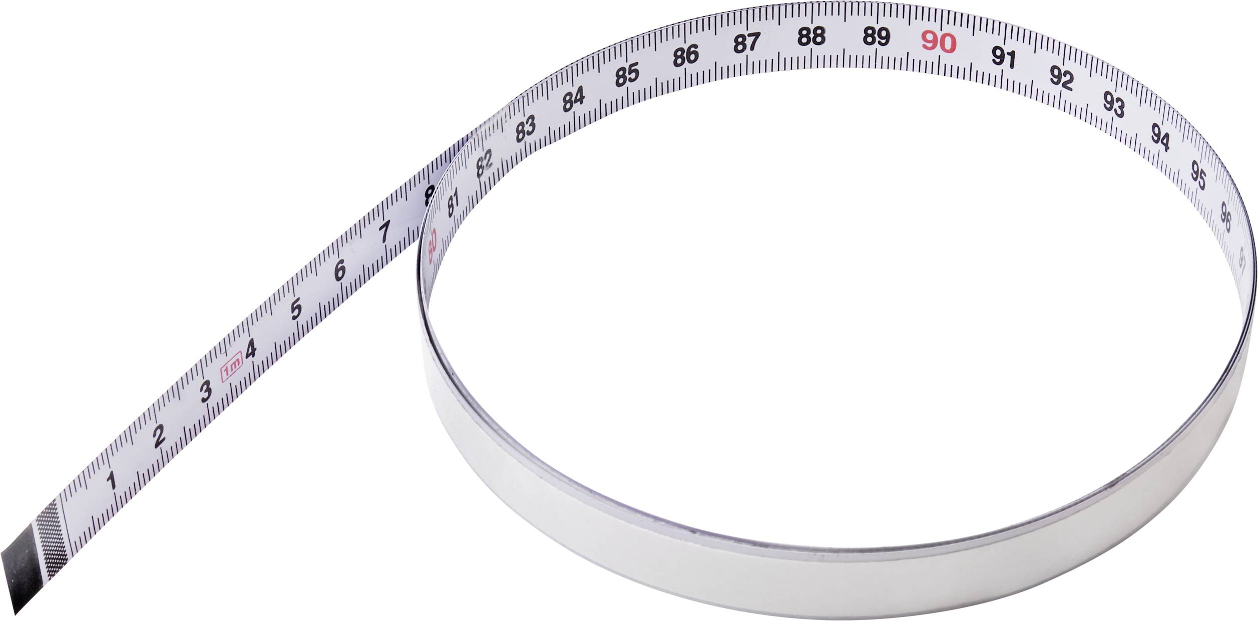 Ein weißes Maßband liegt flach auf dem Boden, mit hervorgehobener 90-Zentimeter-Marke in Rot.