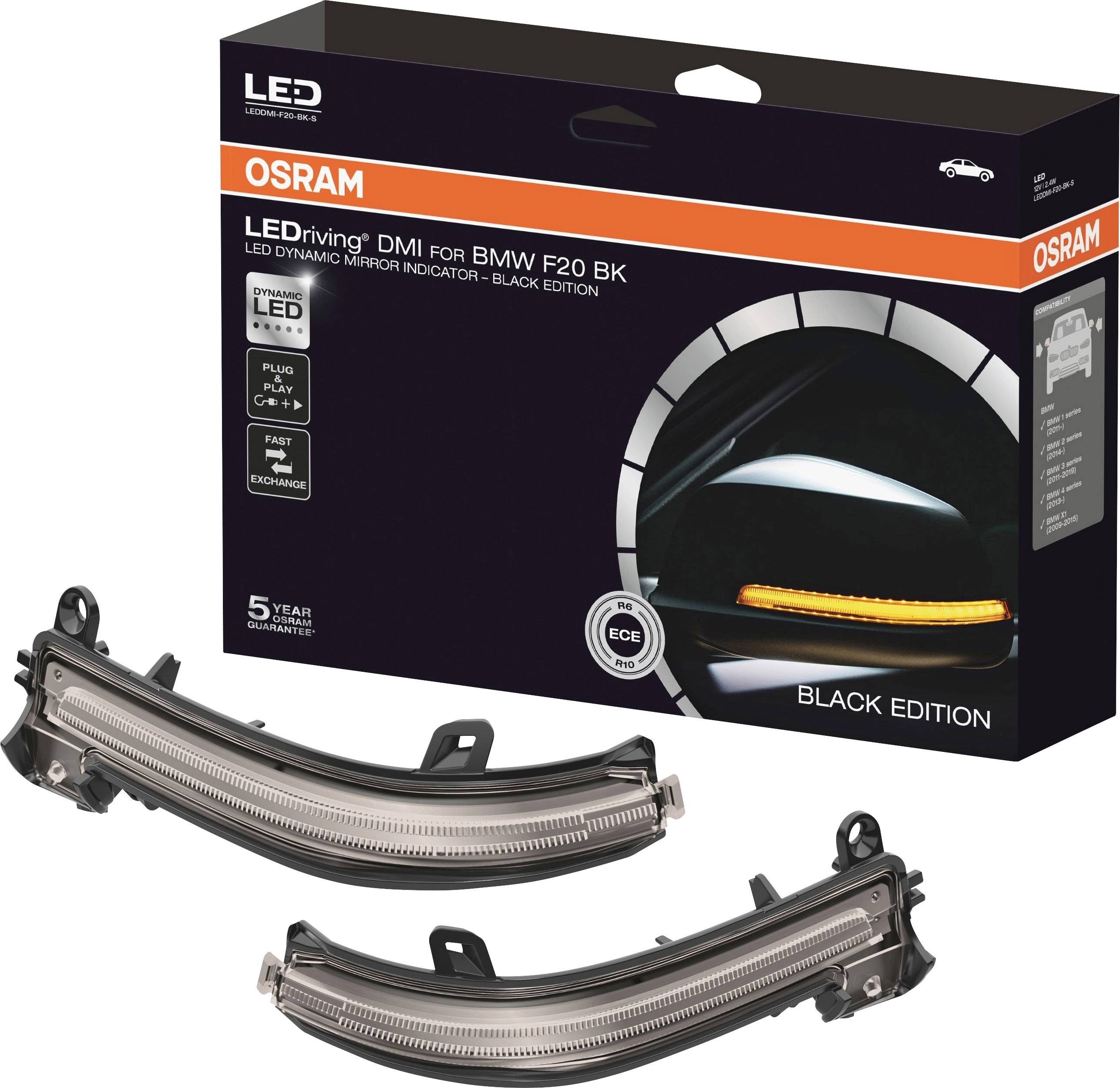 Verpackung einer LED-Seitenblinkleuchte für BMW F20 in Schwarz mit auswechselbarem Teil. Zeigt die Leuchte und das Verpackungsdesign.