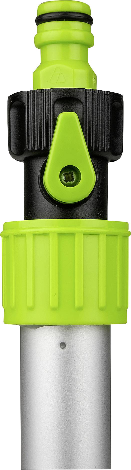 Grüner Schlauchanschluss mit schwarzem Ventil an einem silbernen Metallrohr, zum Verbinden von Gartenschläuchen.