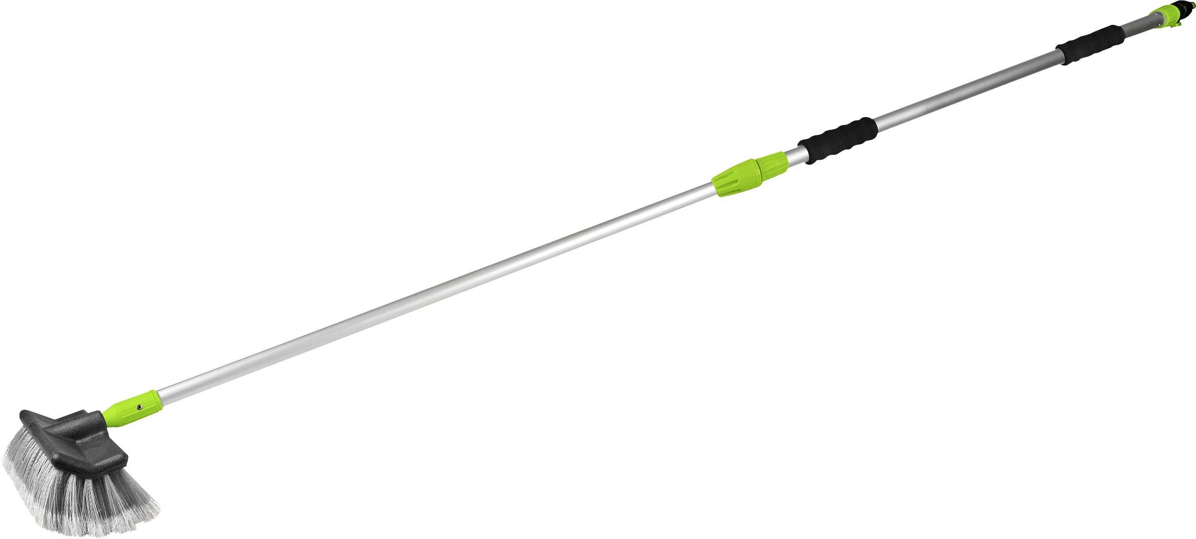 Ein Teleskop-Reinigungsbesen mit langem, ausziehbarem Griff und grünen Akzenten. Der Bürstenkopf ist abgewinkelt für besseren Zugang.