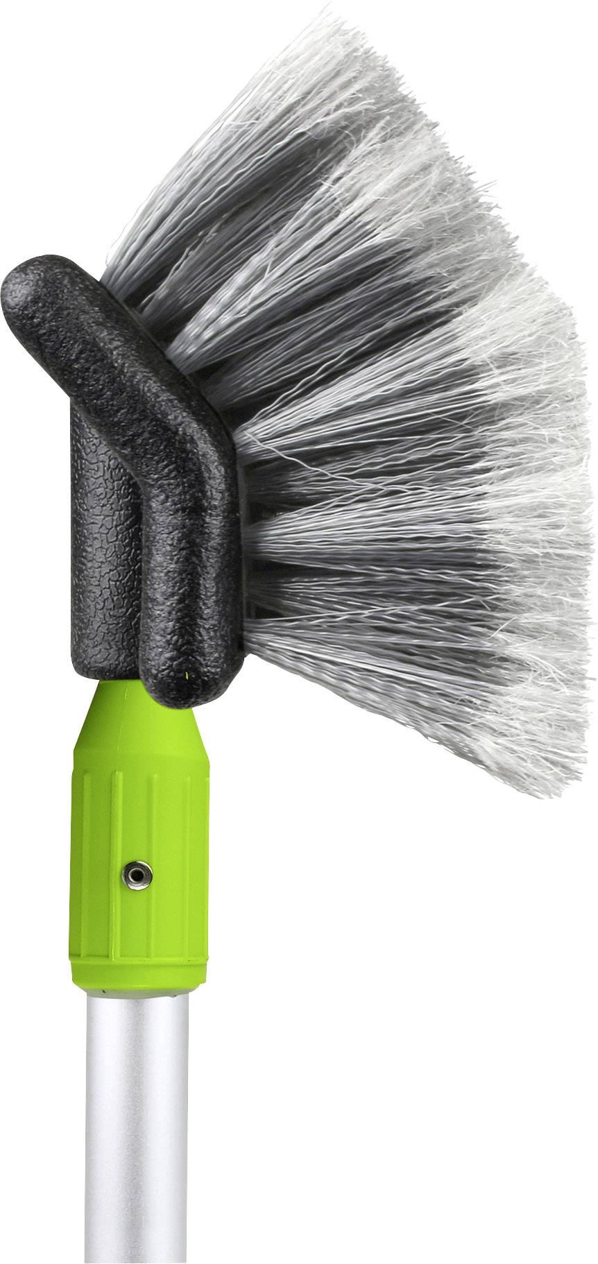 Reinigungsbürste mit grünem Griff und grauen Borsten, rechter Winkel für Eckenreinigung.
