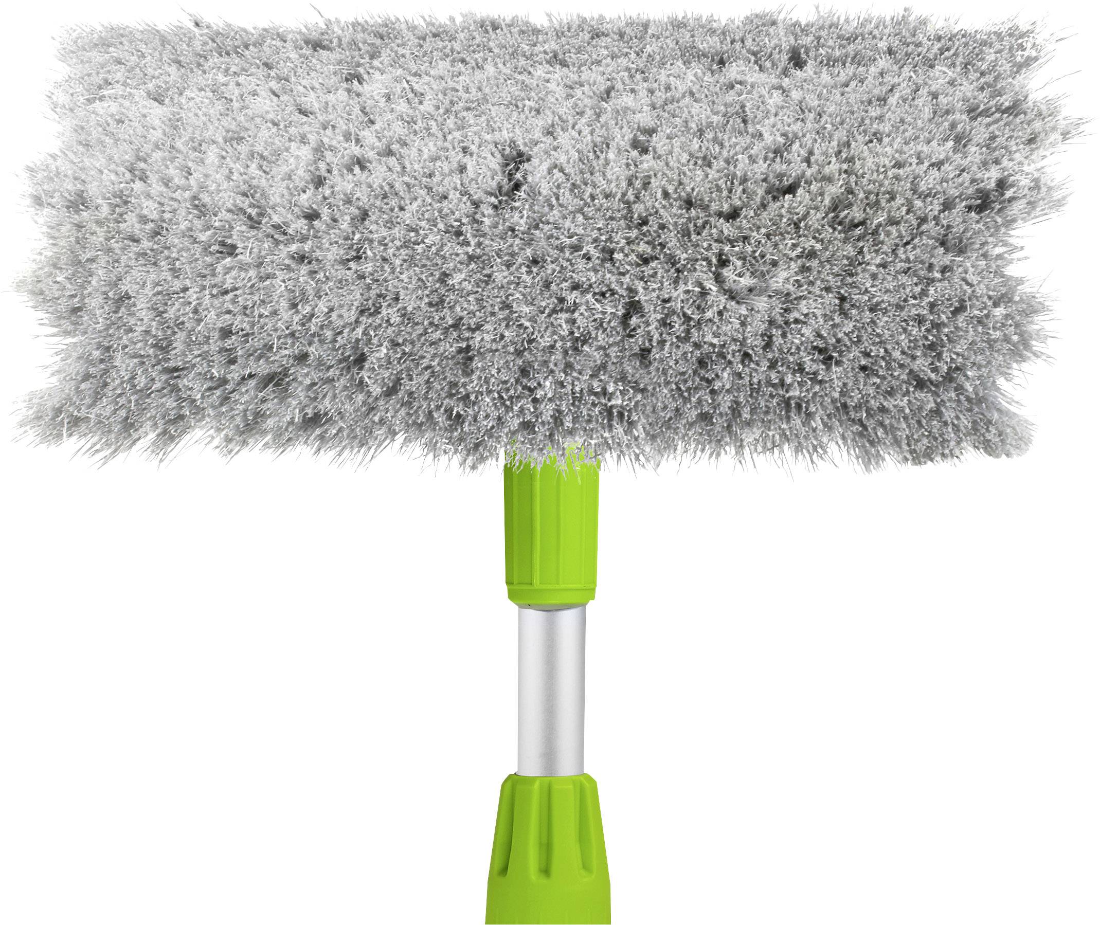 Ein grauer Staubwischer mit flauschigem Kopf und einem grünen Griff. Ideal zum Entfernen von Staub auf verschiedenen Oberflächen.