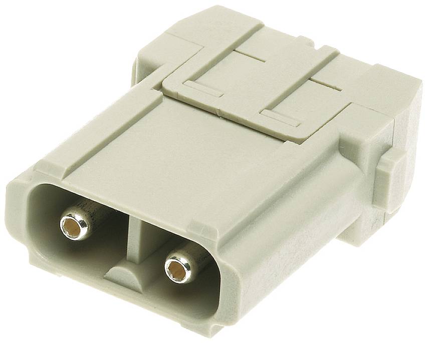 Nahaufnahme eines rechteckigen, zweipoligen Steckverbinders in hellgrauer Farbe, genutzt für elektrische Verbindungen.