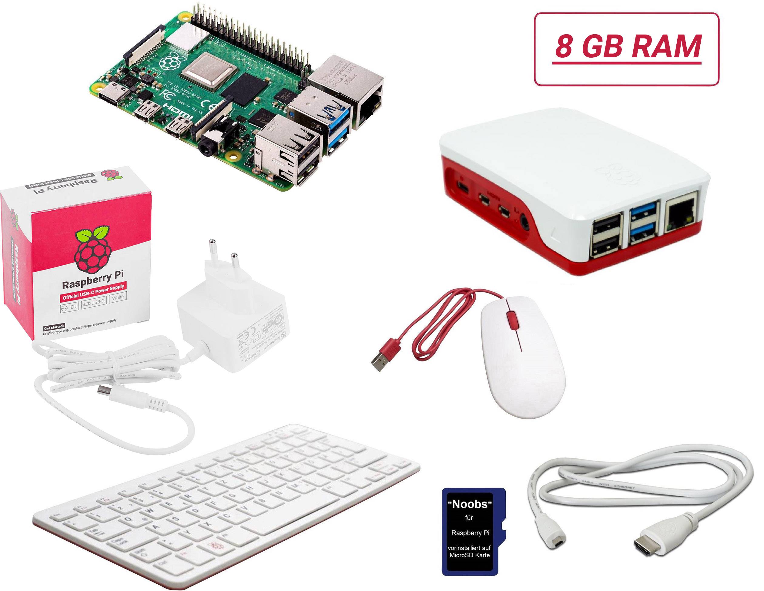 Raspberry Pi 4 Kit mit 8 GB RAM, Gehäuse, Netzteil, Maus, Tastatur, HDMI-Kabel und microSD-Karte mit 'Noobs' Betriebssystem.
