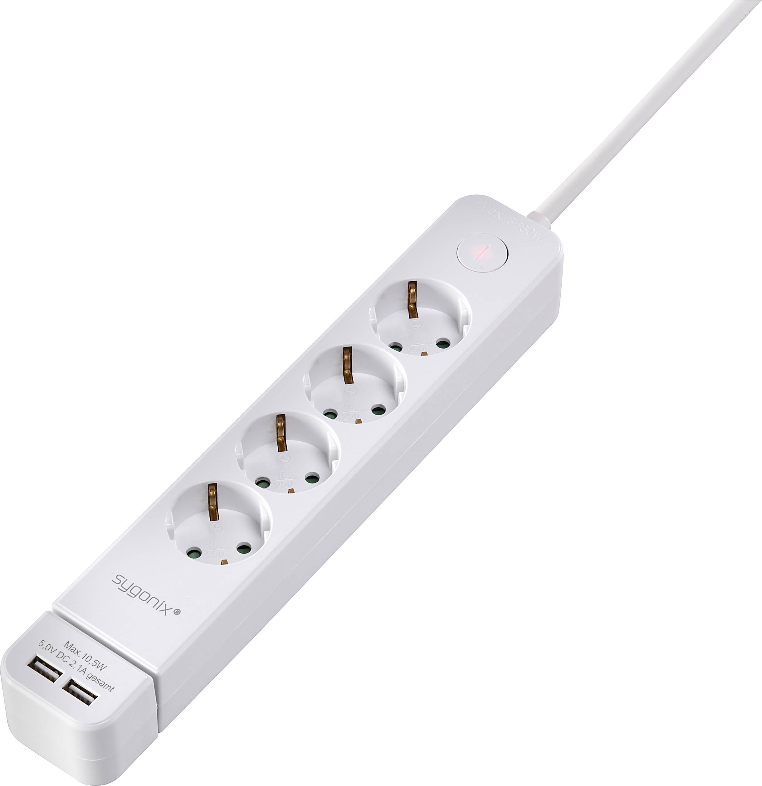 Vierfach-Steckdosenleiste mit USB-Anschlüssen und Ein-/Ausschalter. Weißes Design, geeignet für verschiedene elektrische Geräte.
