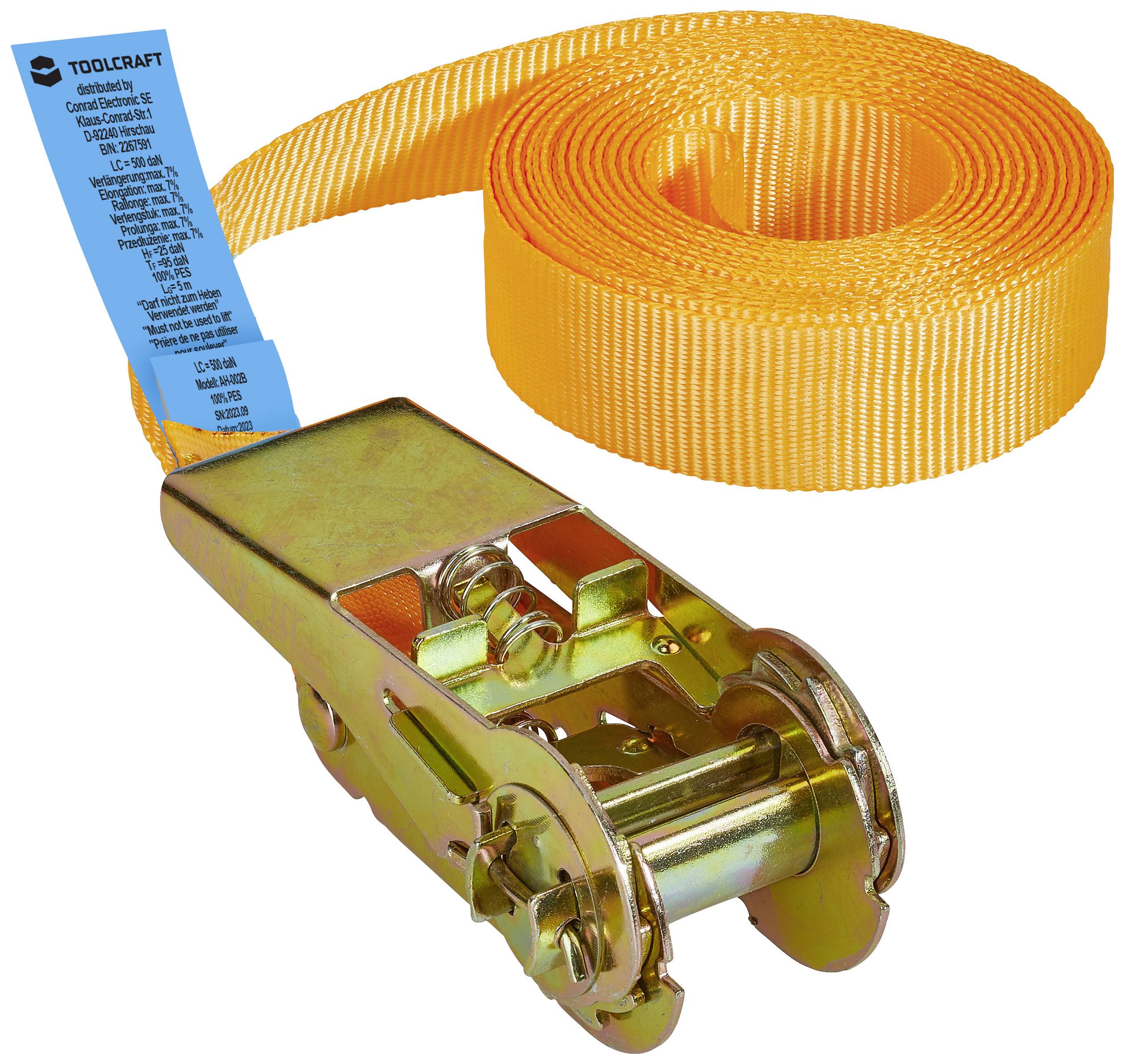 TOOLCRAFT TO-6802773 Einteiliger Spanngurt Zugkraft LC Niederzurren (einzeln/direkt)=250 daN (L x B) 5m x 25mm Ratsche EN 12195-2