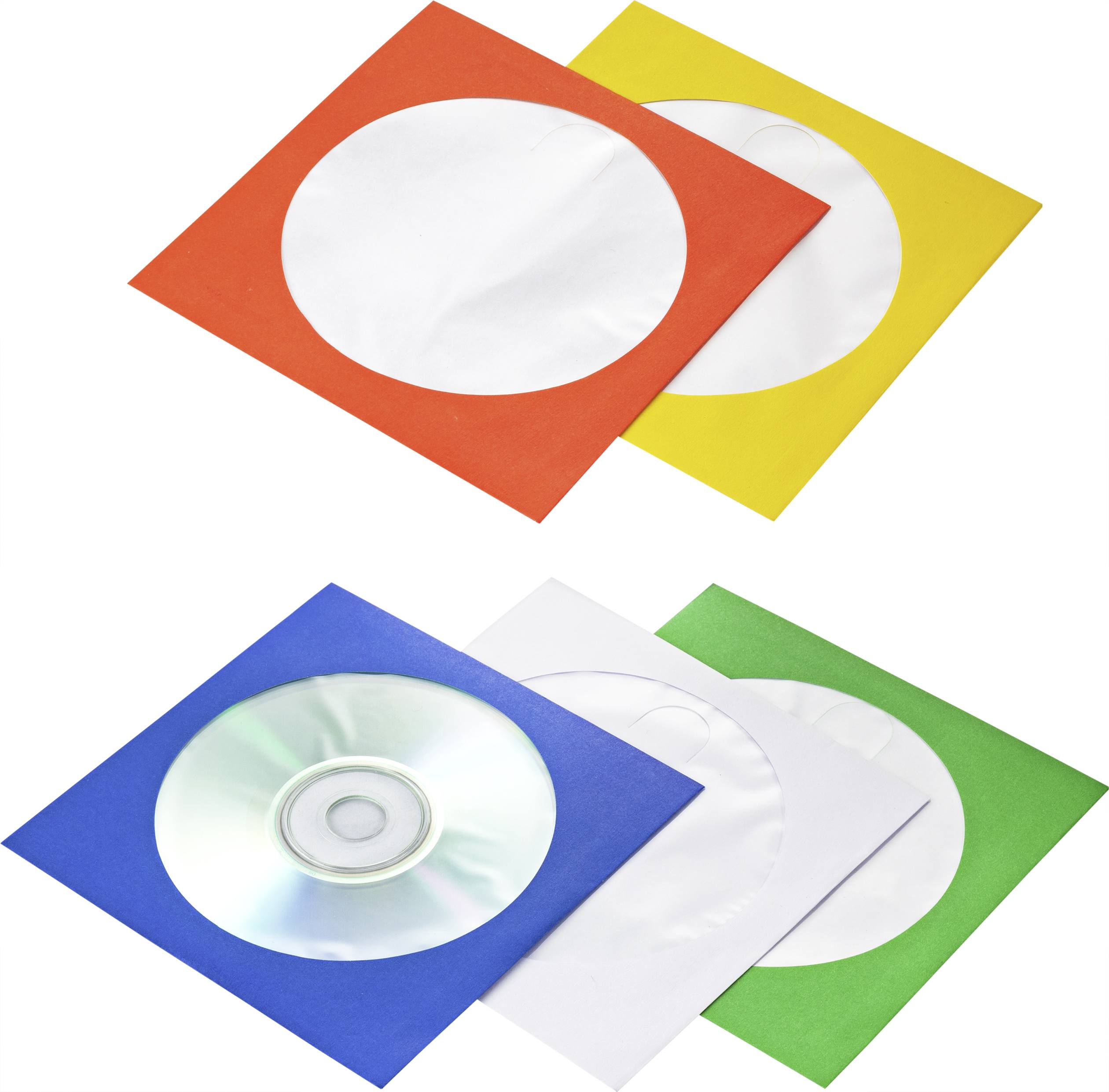 Karton-CD-Hüllen in verschiedenen Farben: rot, gelb, blau, grün und weiß. Eine CD liegt in der blauen Hülle.