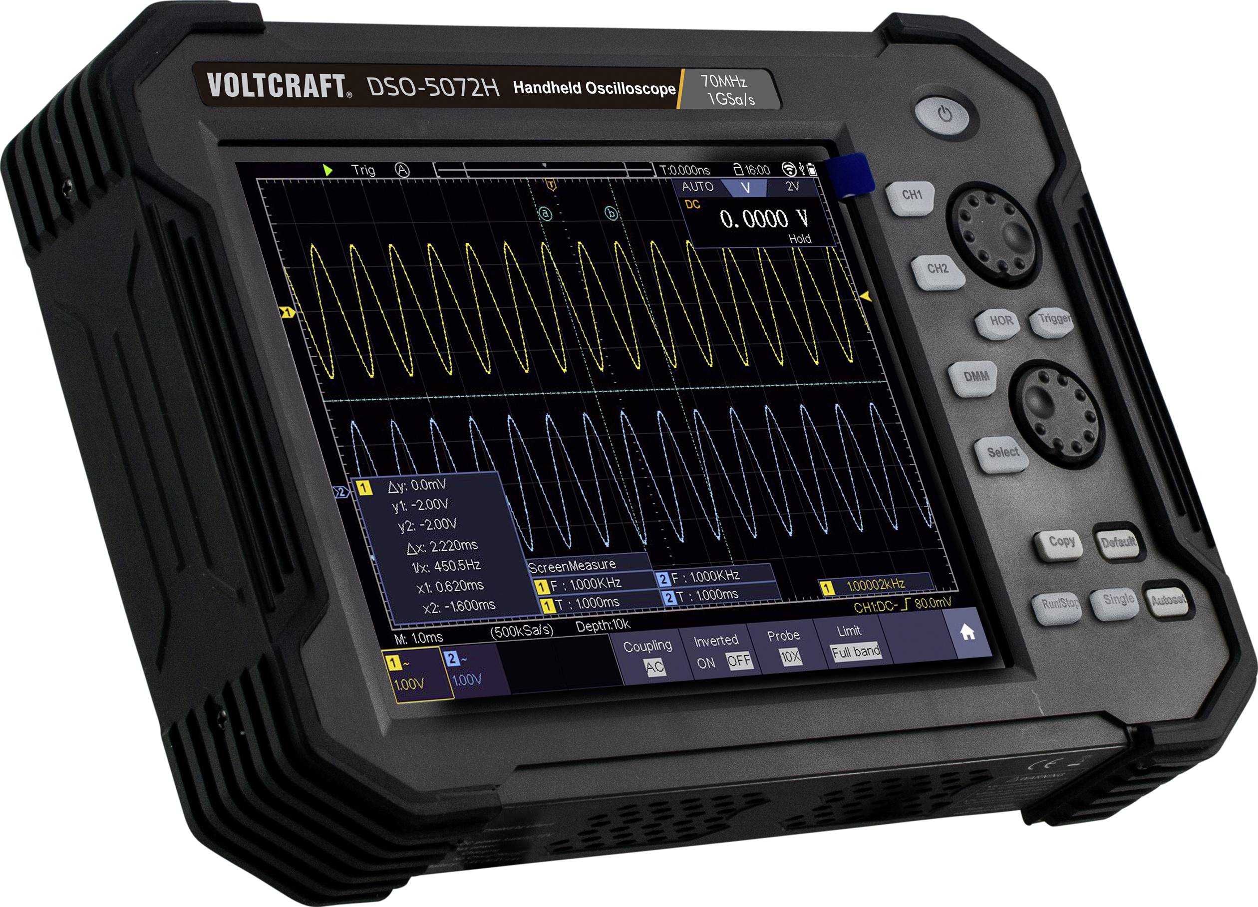 VOLTCRAFT DSO-5072H Hand-Oszilloskop 70MHz 2-Kanal 1 GSa/s 40 Mpts 8 Bit Digital-Speicher (DSO), Handgerät, Multimeter-Funktionen