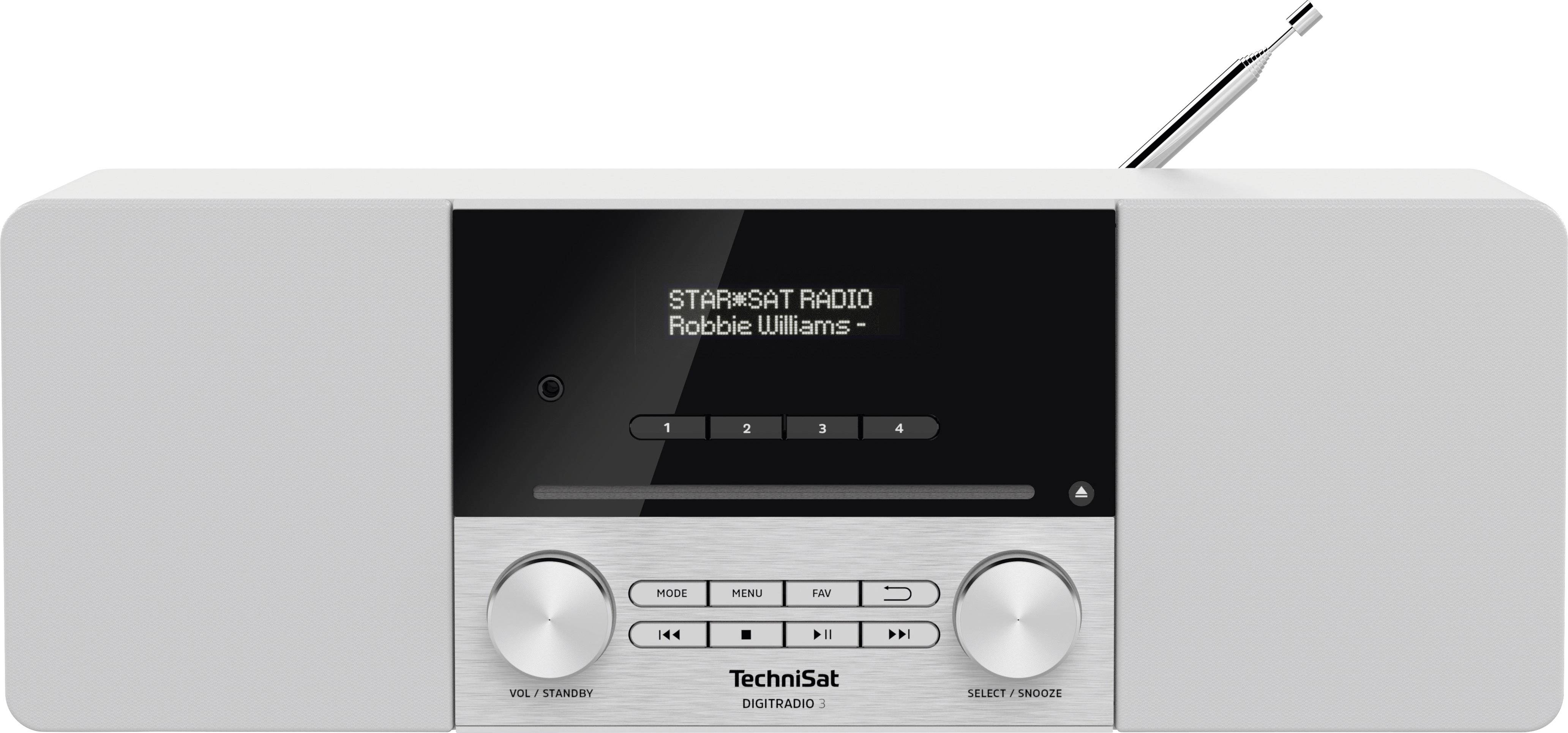 TechniSat DIGITRADIO 3 Tischradio DAB+, UKW CD, USB, Bluetooth® Inkl. Fernbedienung, Weckfunktion, Akku-Ladefunktion Weiß